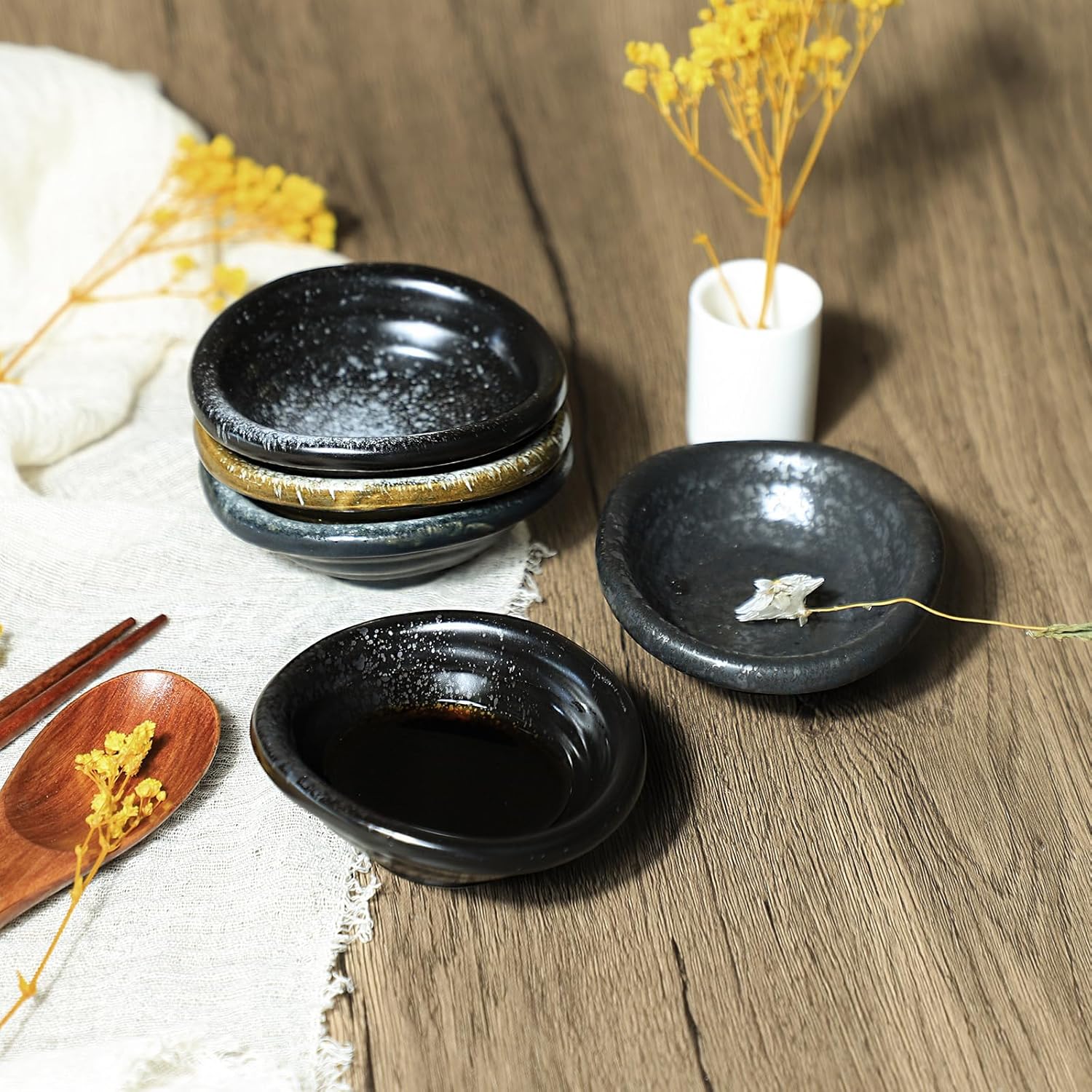 Set of 5 Japanese Vintage Style Ceramic Side Dishes - Retro Black Seasoning Dishes - 3.5 Inch