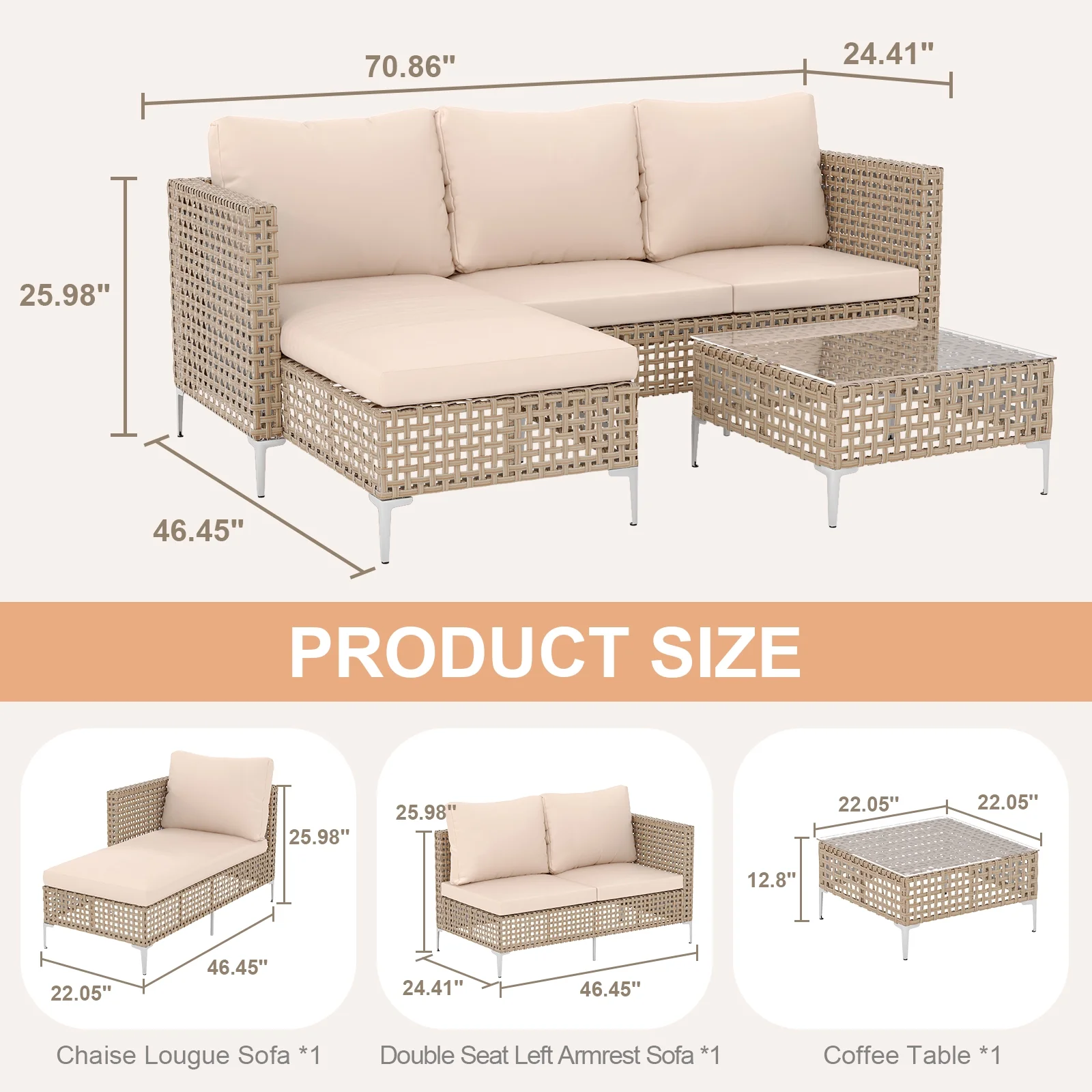3 Piece Patio Furniture Set with Chaise Longue & Coffee Table, Outdoor Wicker Conversation Set for Patio, Porch, Backyard - All-Weather Yellow/Beige Cushions (Waterproof & Fade-Resistant) - Image 2