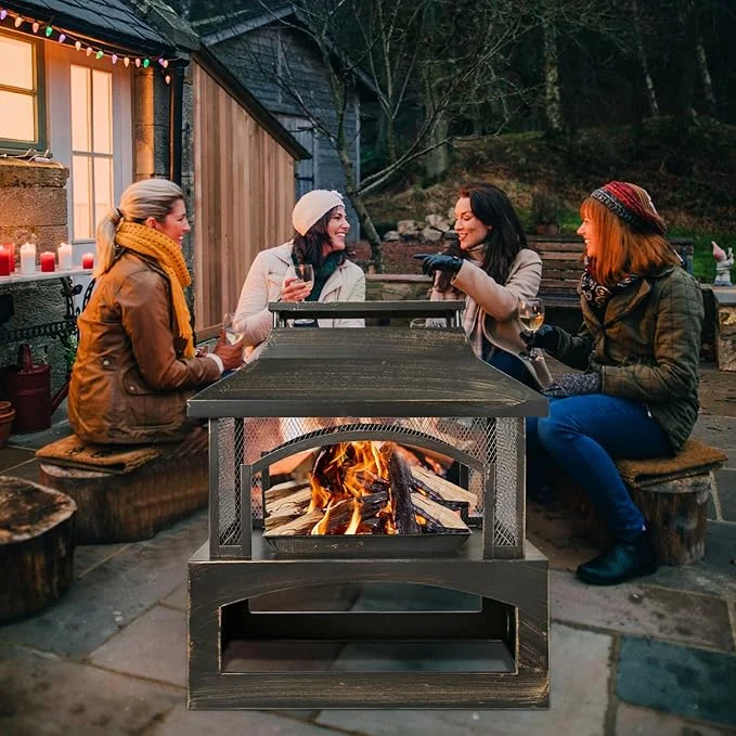 Large Outdoor Wood Burning Fireplace, house shape Outdoor Log Burner Fire Pit with Log Grate and Poker, 37" x 32" x 18" Large Metal Firepit for Patio Garden Backyard, Black - Image 3