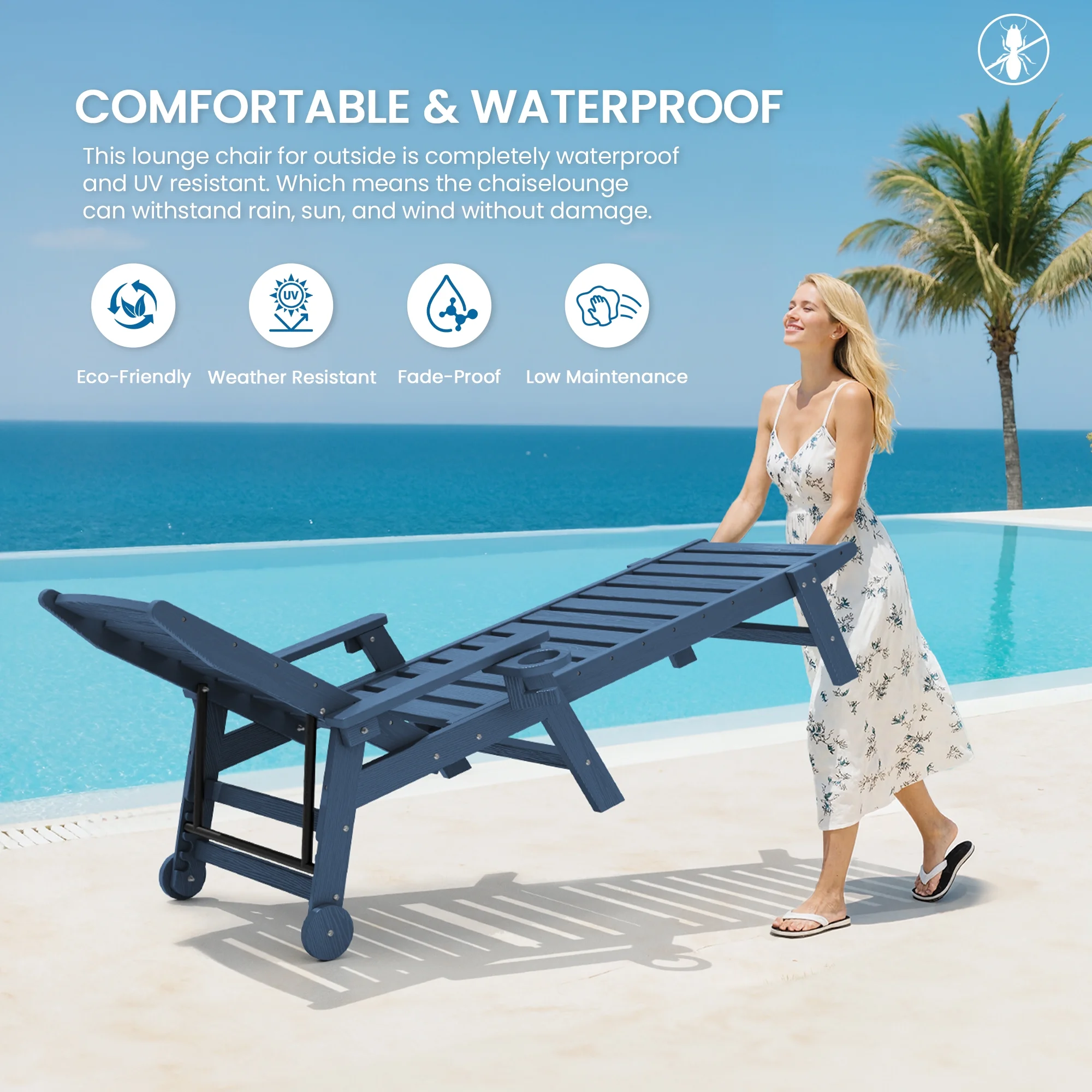 SERWALL Patio Chaise Lounge Chair, 78'' HDPE Outdoor Lounge Chair 5 Positions Pool Lounger Navy Blue - Image 2