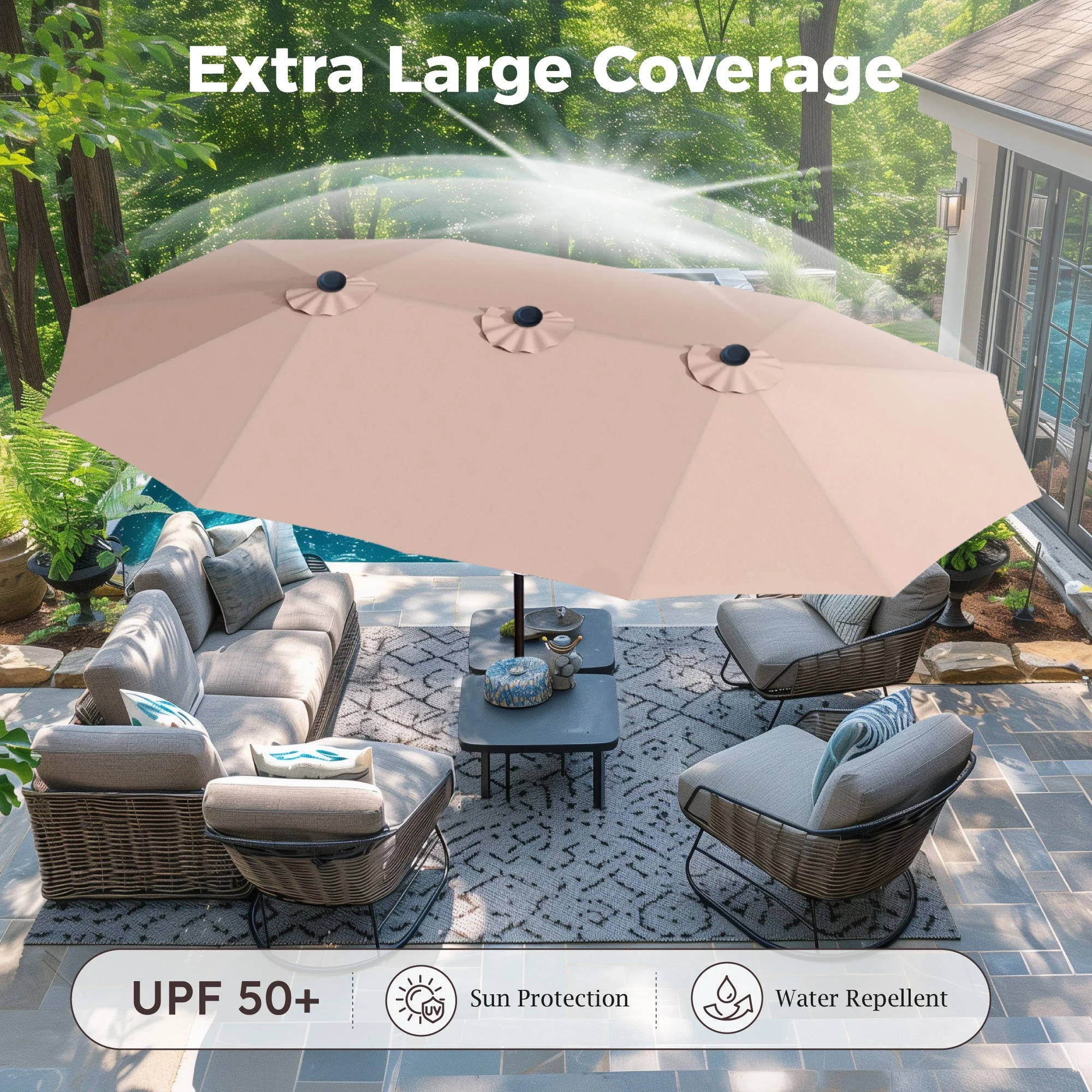 Alpha Joy 15ft Outdoor Patio Umbrella Extra-Large Double-Sided Garden Umbrella with Crank Handle and Base - Smoky Gray - Image 27