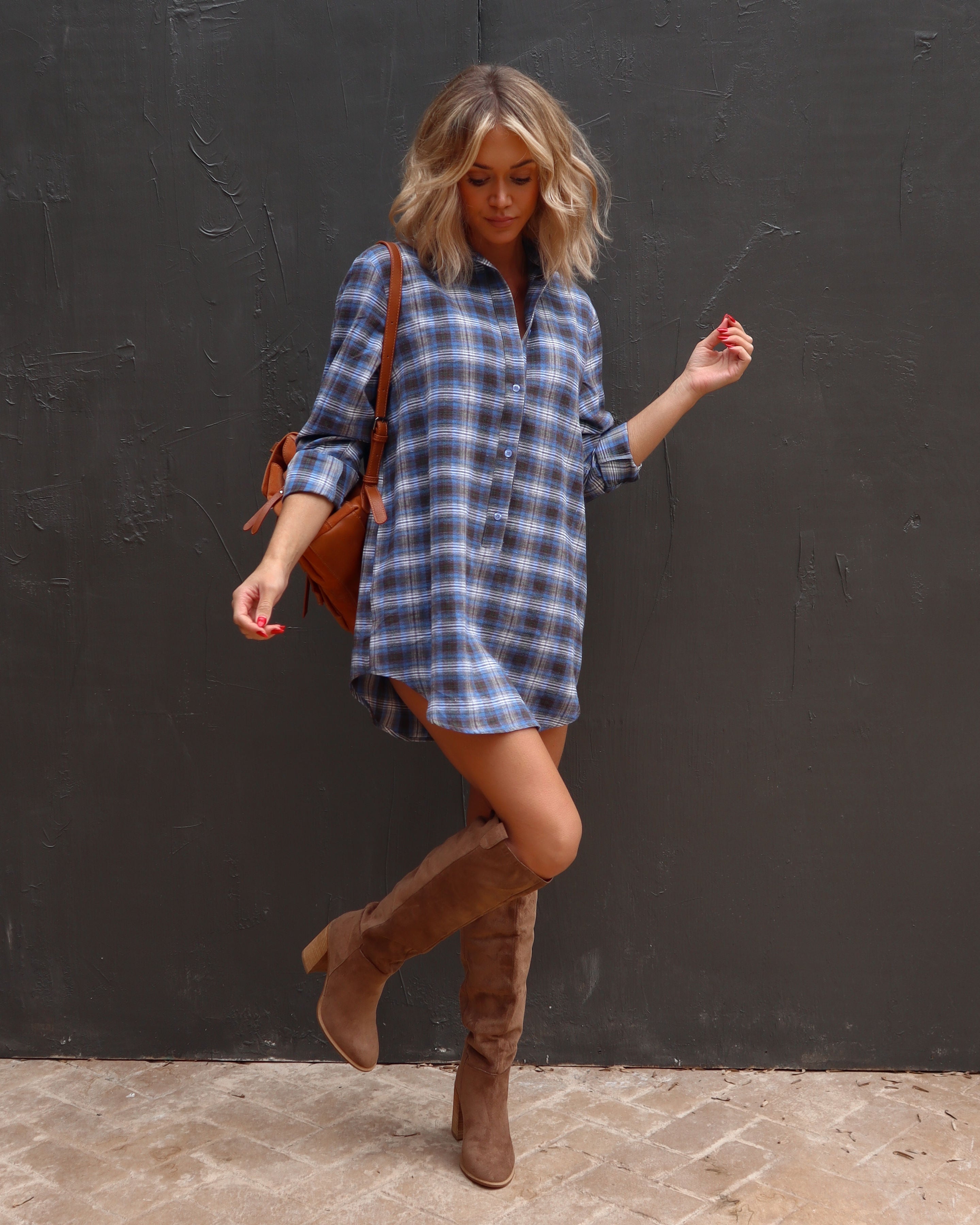 Averie Plaid Pocketed Shirt Dress - Blue - Se7enfashion