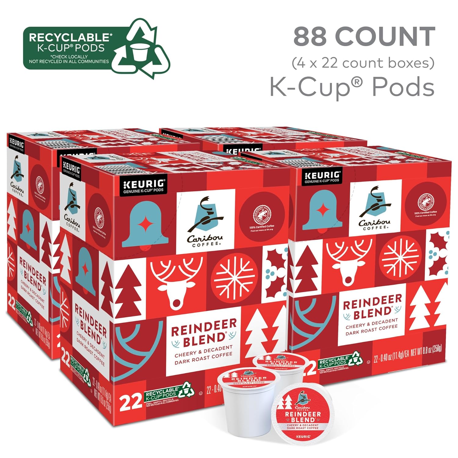 Caribou Coffee Reindeer Blend. Single-Serve Keurig K-Cup Pods. Dark Roast Coffee Pods. 88 Count