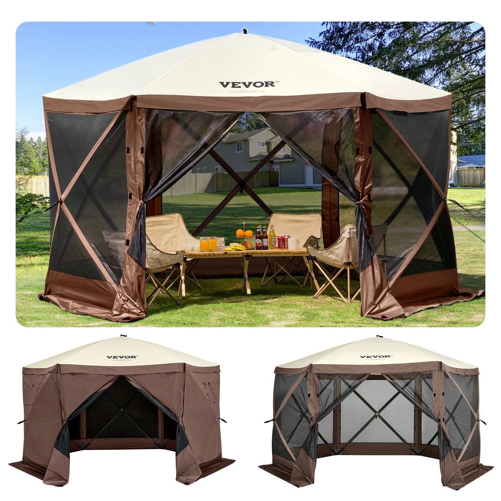 Quick Setup 12x12 Foot Gazebo Tent, 6-Sided Canopy with Mesh Screens & Carry Bag -?Sun Shade Shelter for Outdoor Events, Backyard, Picnic (Beige/Brown) - Image 2