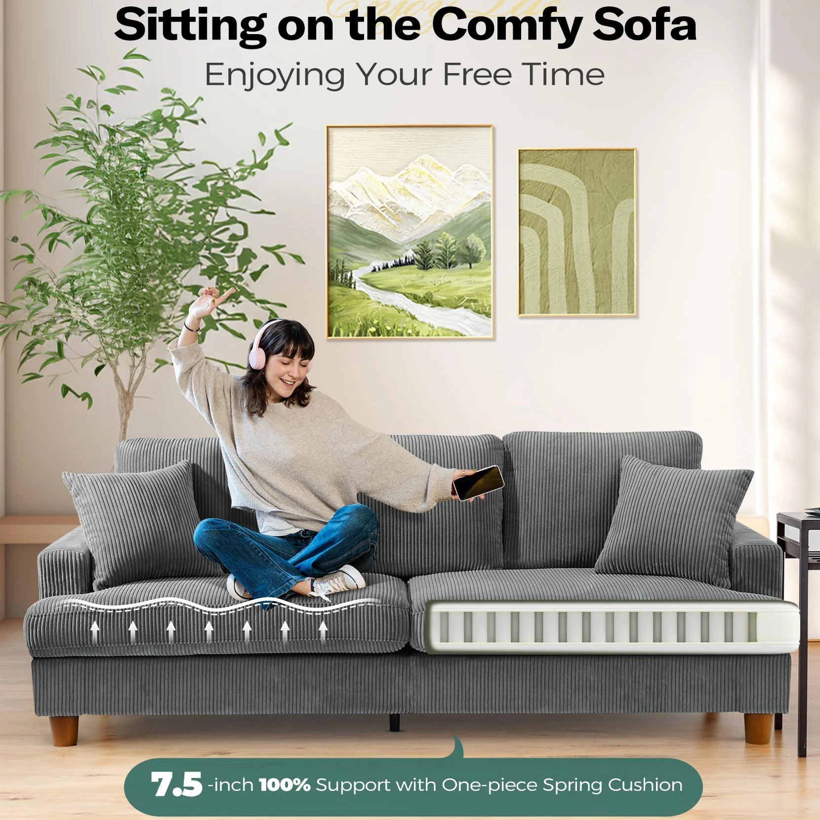 87" Corduroy Sofa,3 Seater Sofa with Extra Deep Seats,Neche Comfy Upholstered Couch for Living Room,2 Pillows,Green - Image 28