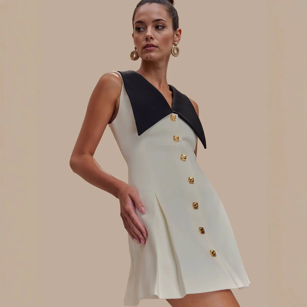 Metal buckle sleeveless temperament waist thin dress dress - Se7enfashion