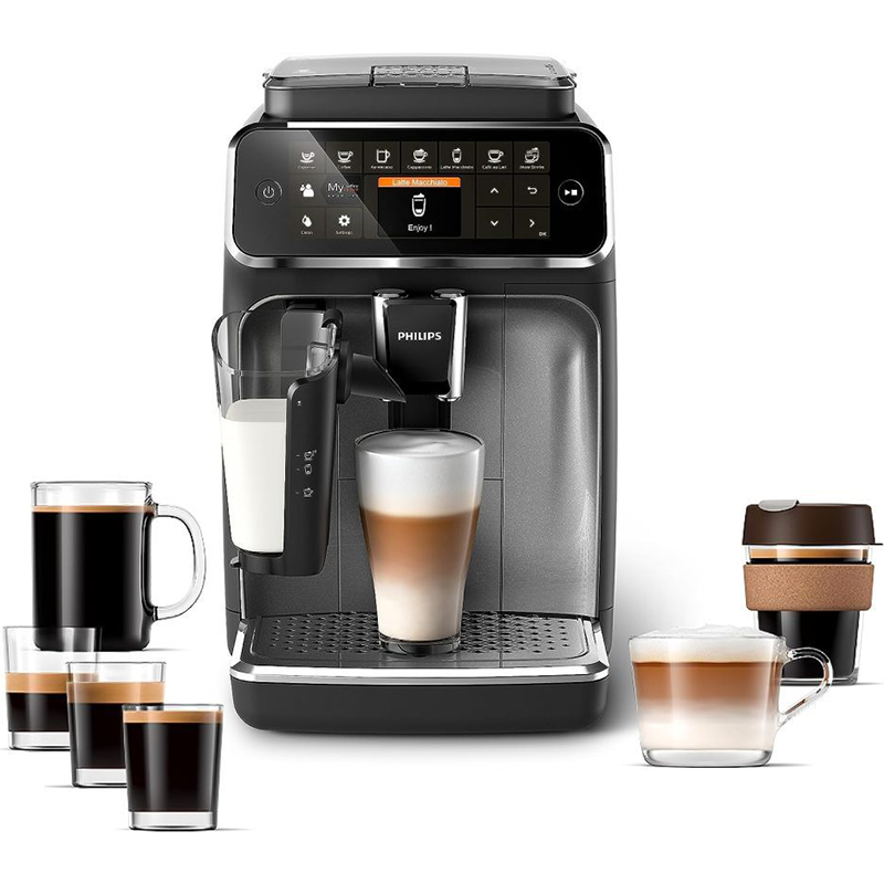 Philips 4300 Series fully automatic espresso machine - LatteGo milk frother, 8 coffee varieties, intuitive touch display, black,