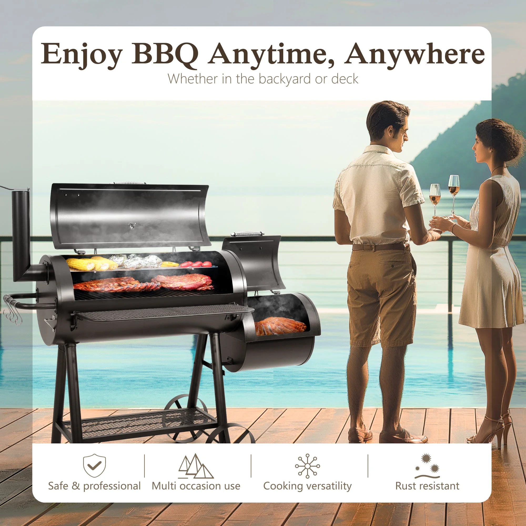Alpha Joy Heavy Duty BBQ Charcoal Grill with Offset Smoker Overlarge 941 sq.in. Cooking Area - Image 2