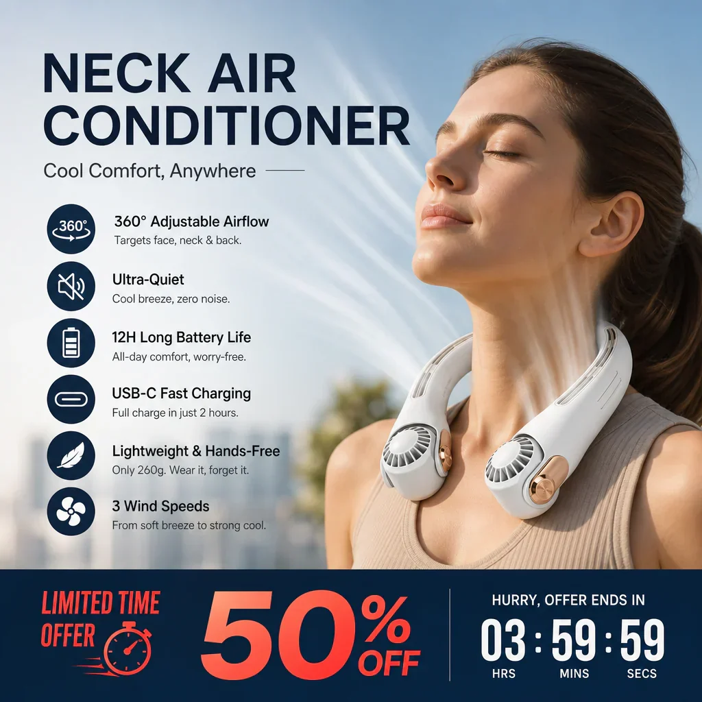 🍃💨 Neck Air Conditioner Fan – Ultra‑quiet, 360° rotating, 3 speeds. Hands‑free cooling, long battery. 😎🌬️