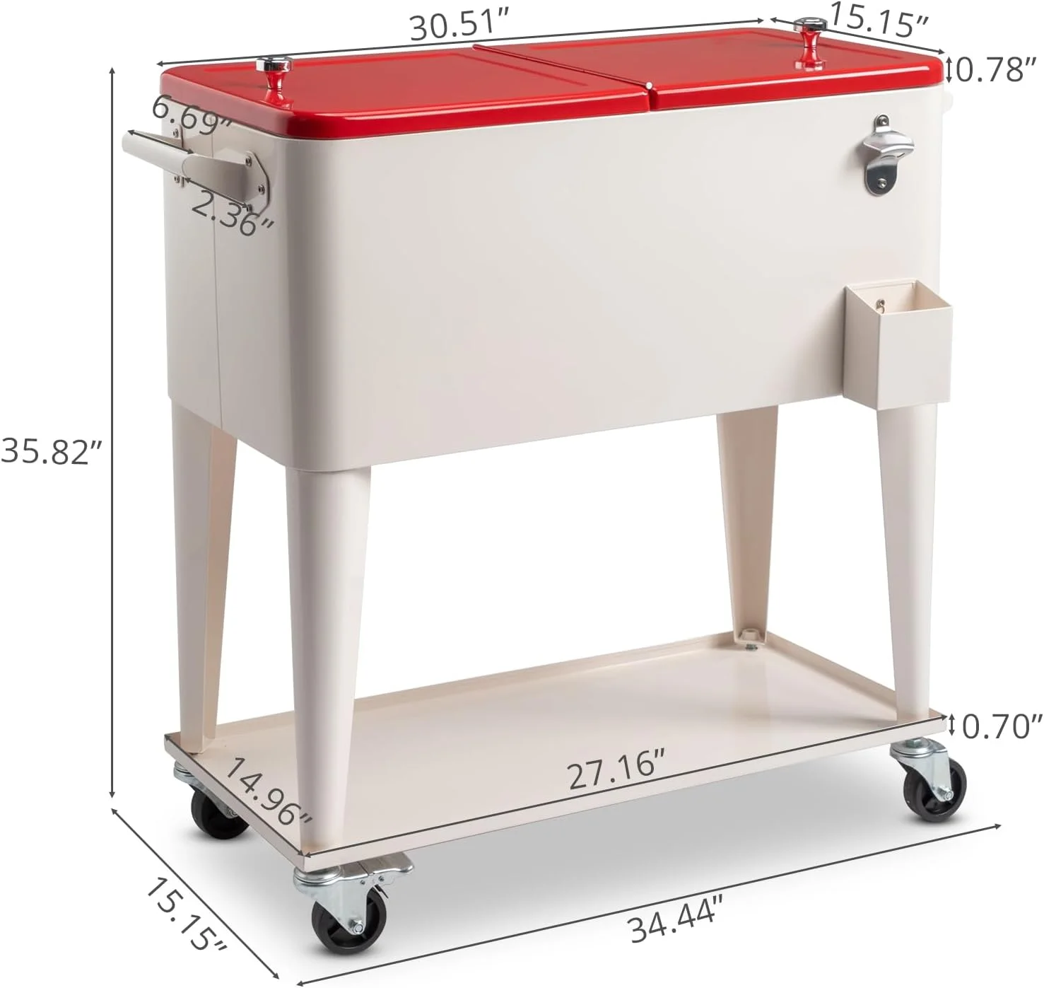 80 Quart Rolling Ice Chest, Portable Bar Drink Cooler with Catch Basin, Bottom Storage Tray and Bottle Opener for Patio Party BBQ Beach Activities - Image 19