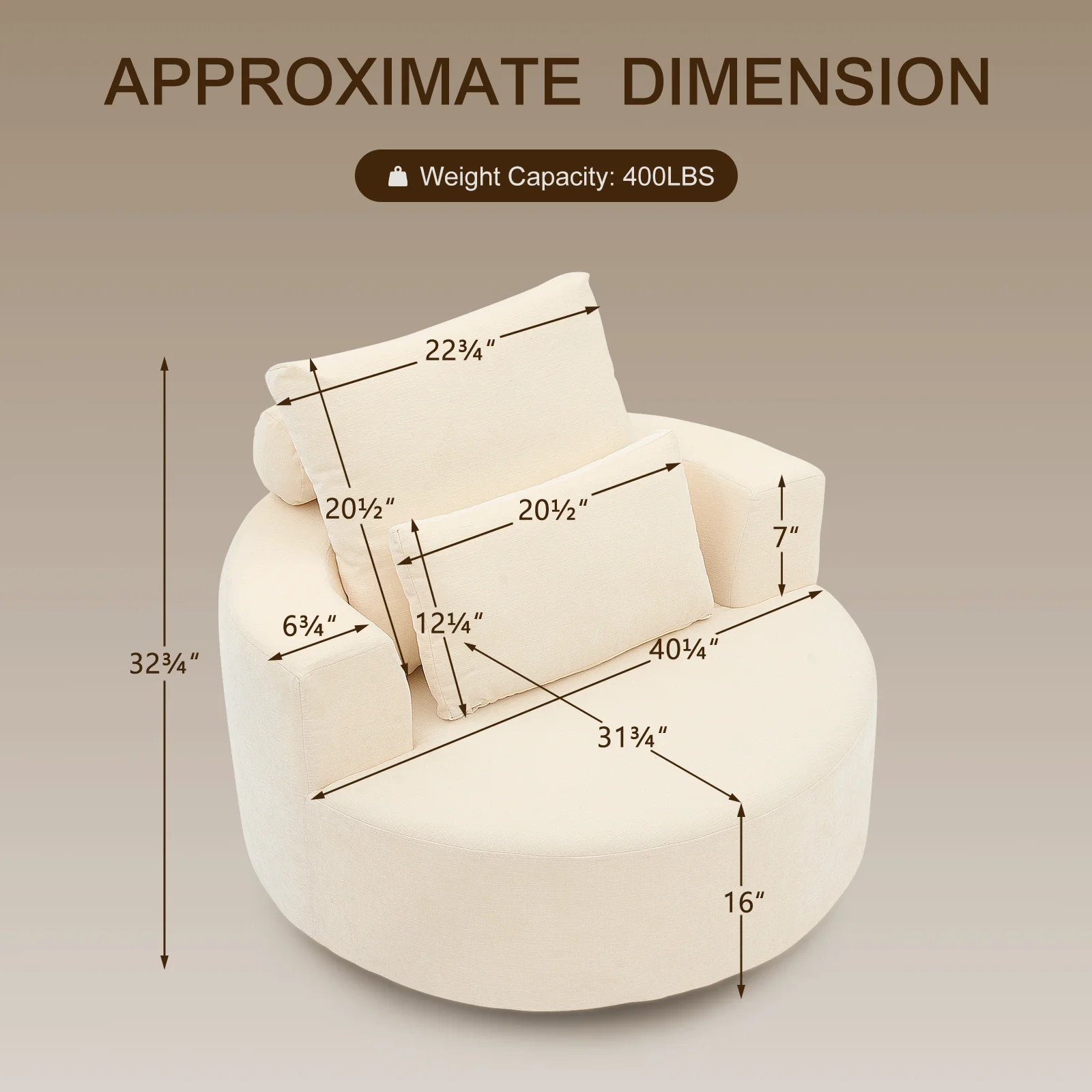 Fumahaus Upholstered Swivel Accent Chair, Oversized Comfy Round Sofa Chair with Two Pillows, Leisure Sofa Chair for Living Room Bedroom, Beige - Image 10