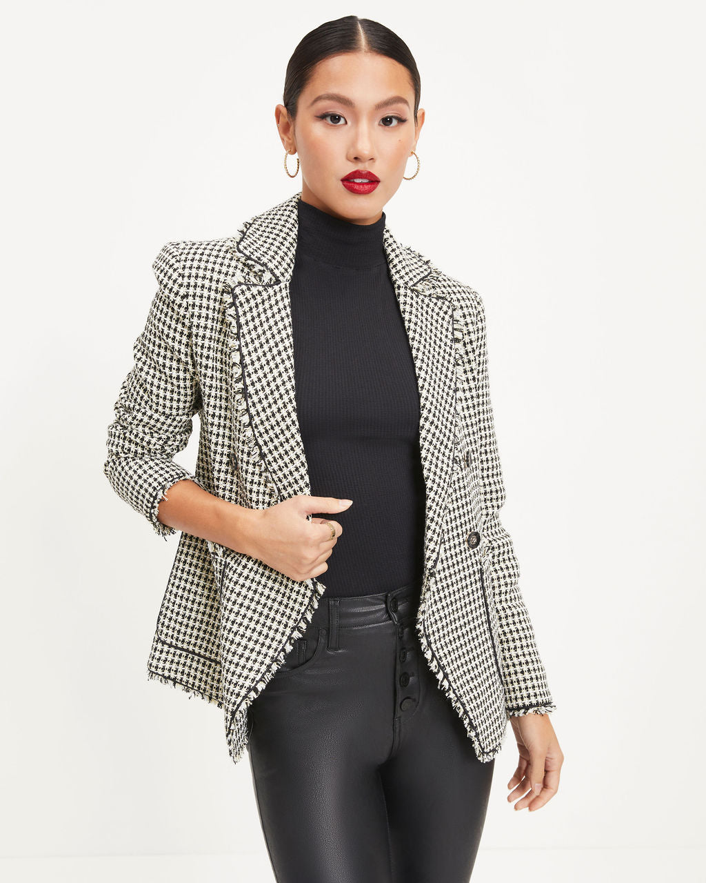Seems About Right Frayed Pocketed Houndstooth Blazer - Se7enfashion