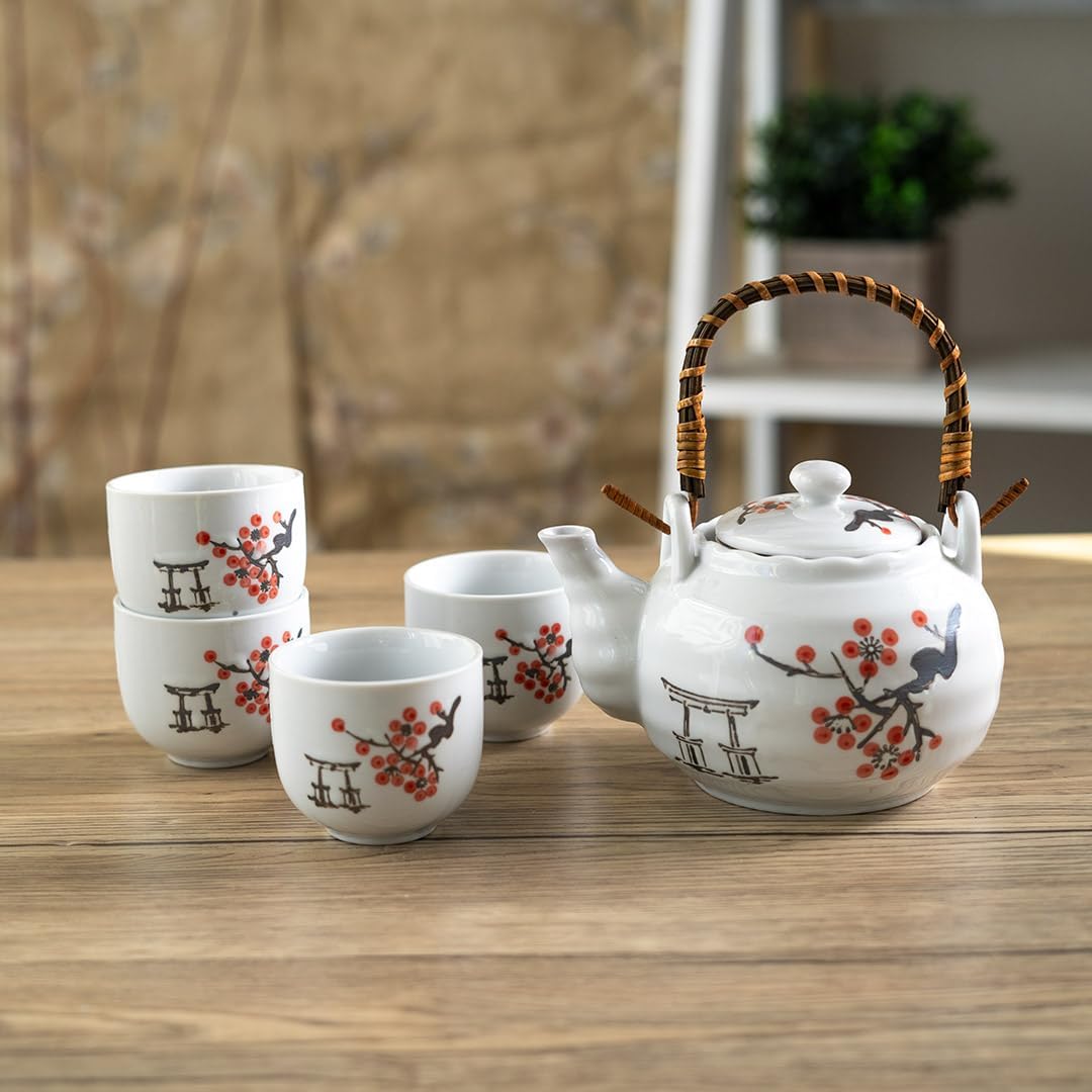 Urban Tokyo Japanese Cherry Blossom Torii Gate Design Tea Set, 22 oz Ceramic Teapot with 4 Cups, White with Bamboo Handle