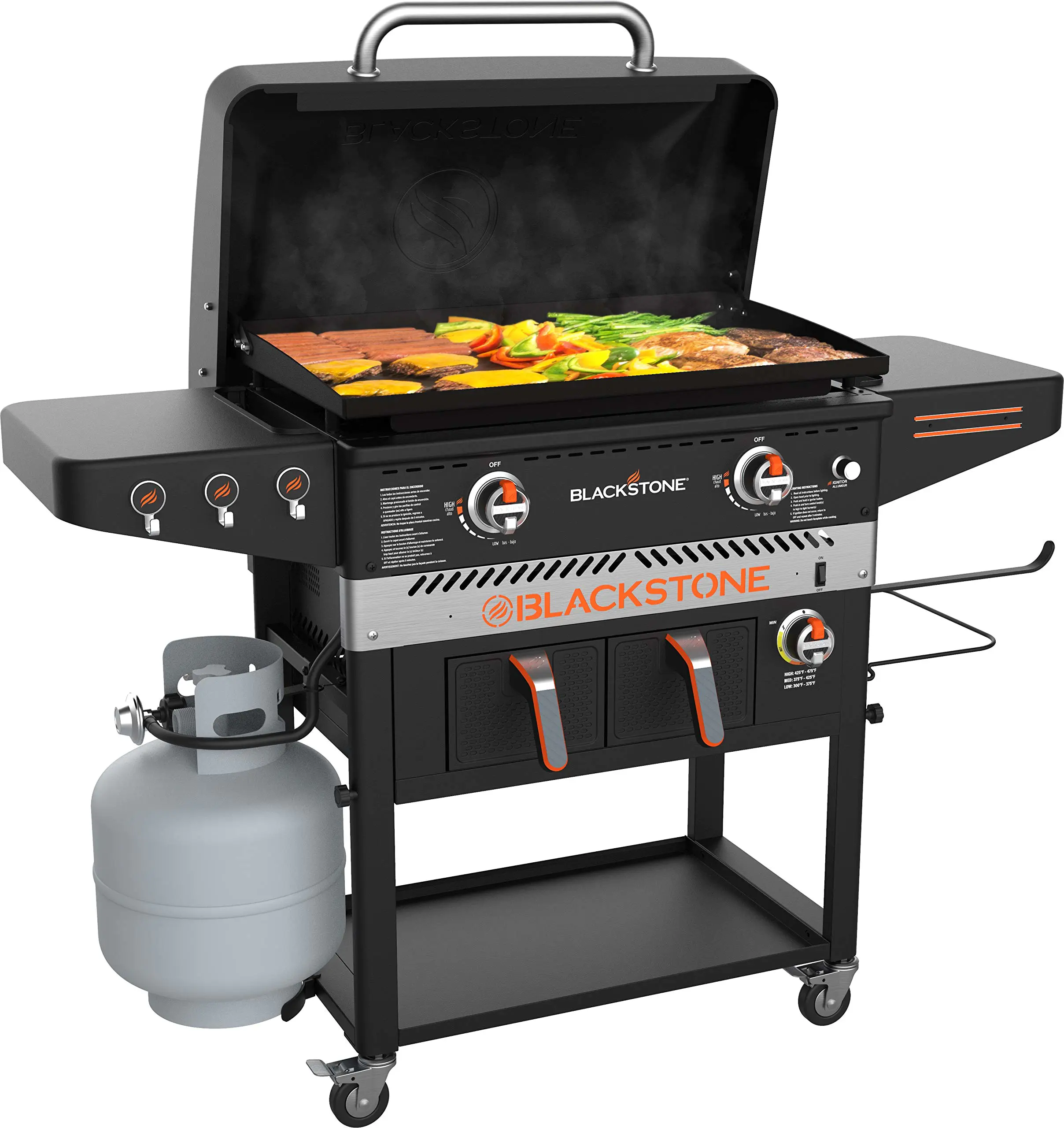WAYFAIR Blackstone 1962 Air Fryer Combo & Two Burners Stainless Steel Gas Hood, Wheels, Two Side Shelf ?C Heavy Duty Outdoor Griddle Station For Backyard, Patio, 28 Inch Black