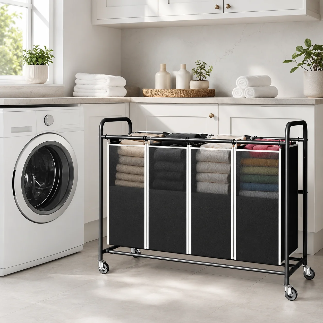 4-Bag Rolling Laundry Sorter Cart, 180L Oxford Fabric Hamper with Removable Bags, Locking Wheels, 100 lb Capacity, Black