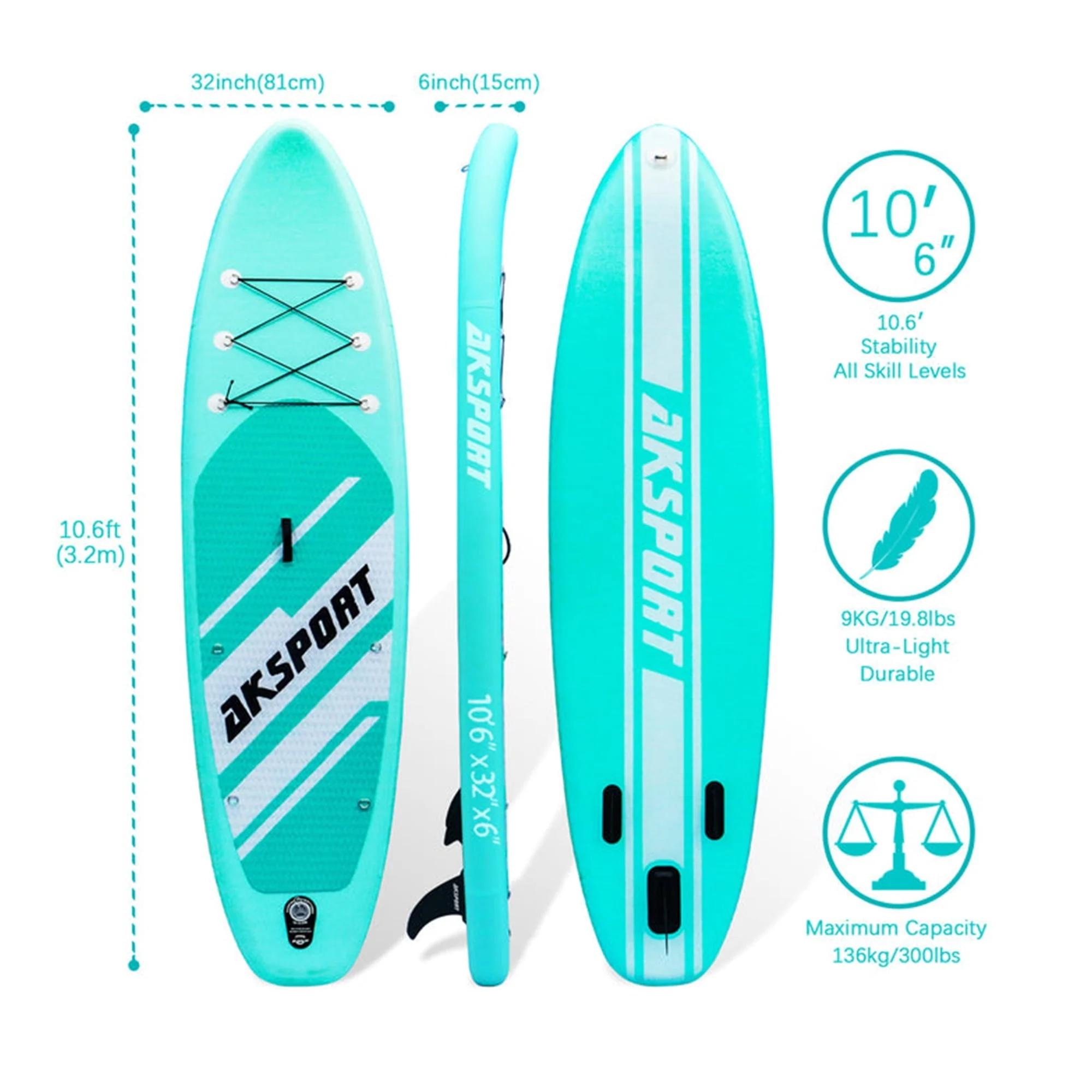 AKSPORT 10'6" Inflatable All Around Stand up Paddle Board Kit, Mint Green - Image 6