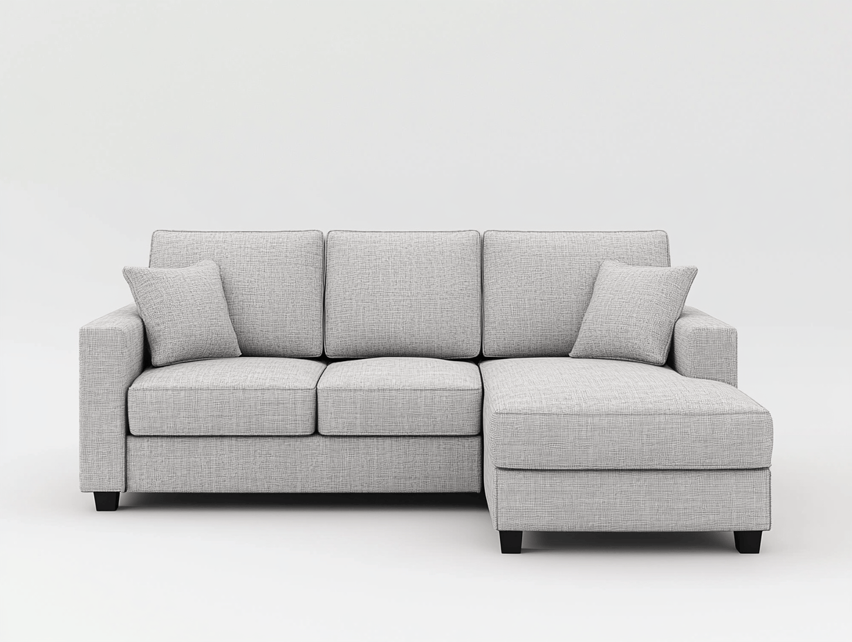Sofá de Esquina Tapizado en Tela Gris con Cojines Decorativos
