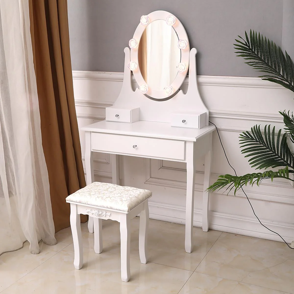 Ktaxon Makeup Vanity Table Set Mirror with LED Lights Dressing Table and Stool Set,Bedroom Vanities Tables with Benches - Image 4