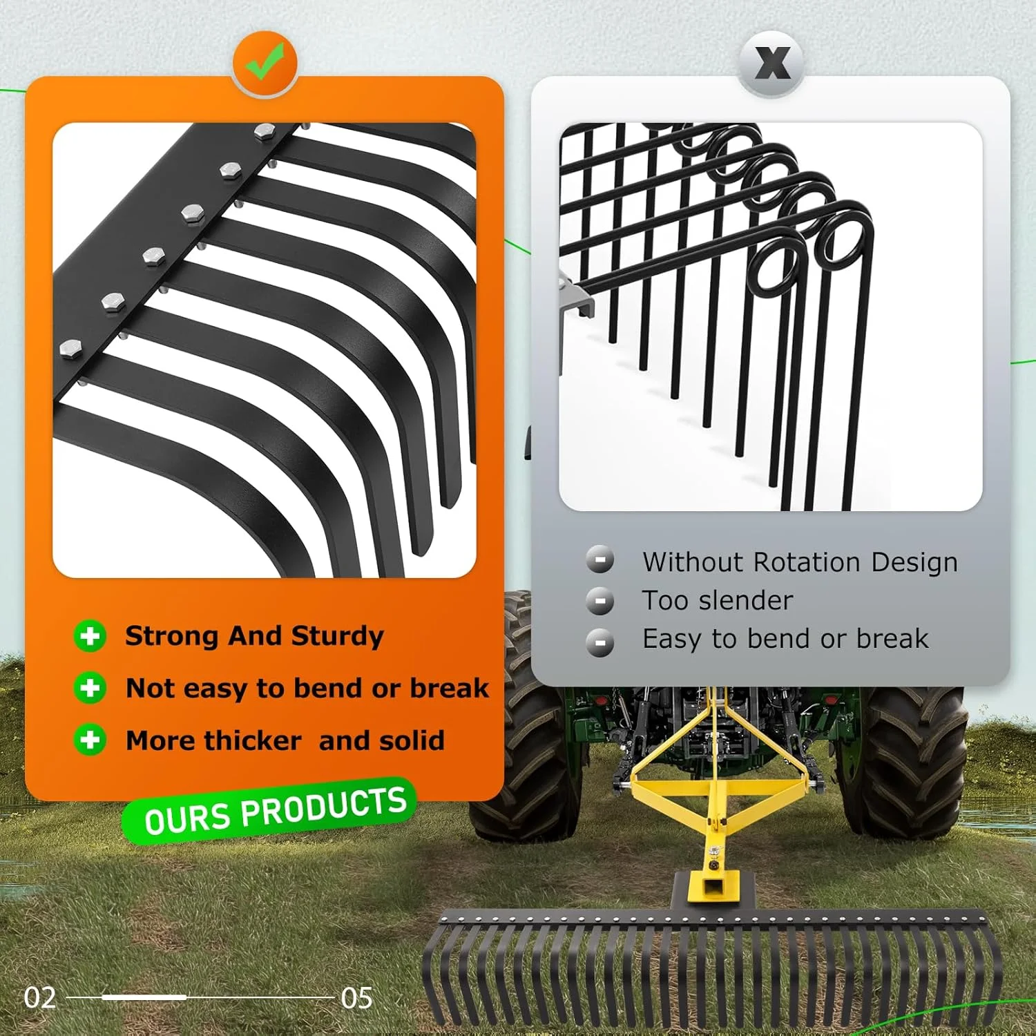 KOJEM 60In Landscape Rake 3 Point Rake 360 Degree Rotation Compatible with Category 1 Cat1 Compact Tractors Tow-Behind Garden Tool for Garden Farm Clearing Brush Raking Arenas 2 Package Yellow - Image 3