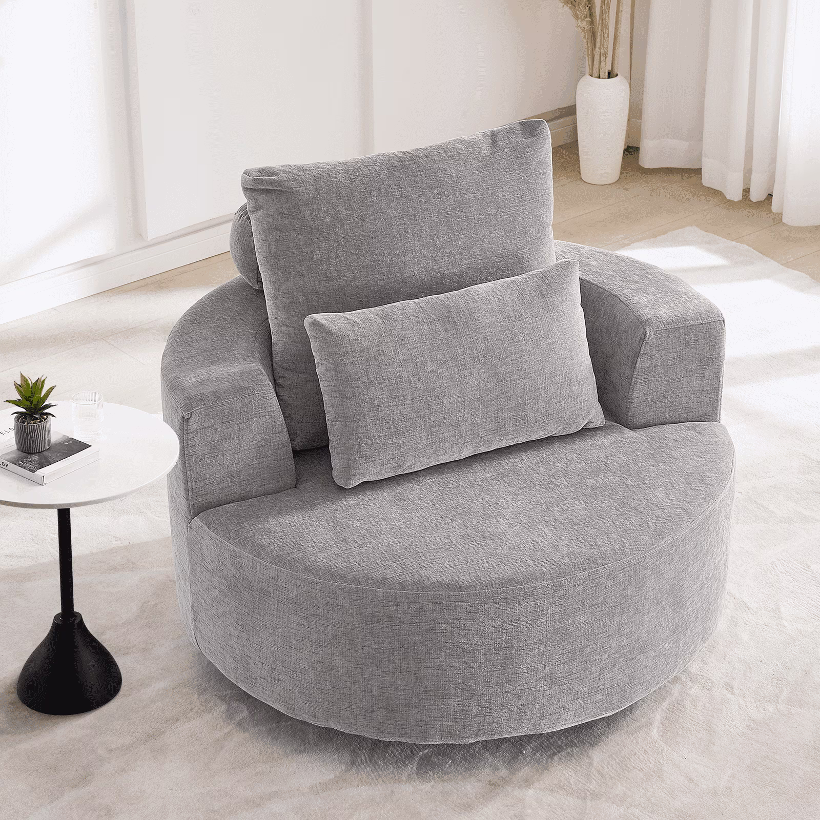 Fumahaus Upholstered Swivel Accent Chair, Oversized Comfy Round Sofa Chair with Two Pillows, Leisure Sofa Chair for Living Room Bedroom, Beige - Image 3