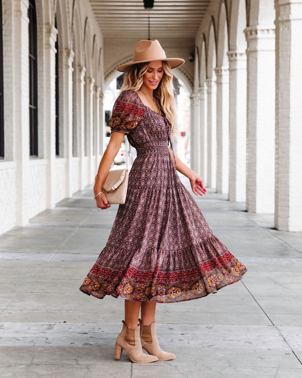 Harvest Moon Printed Tiered Puff Sleeve Midi Dress - Se7enfashion