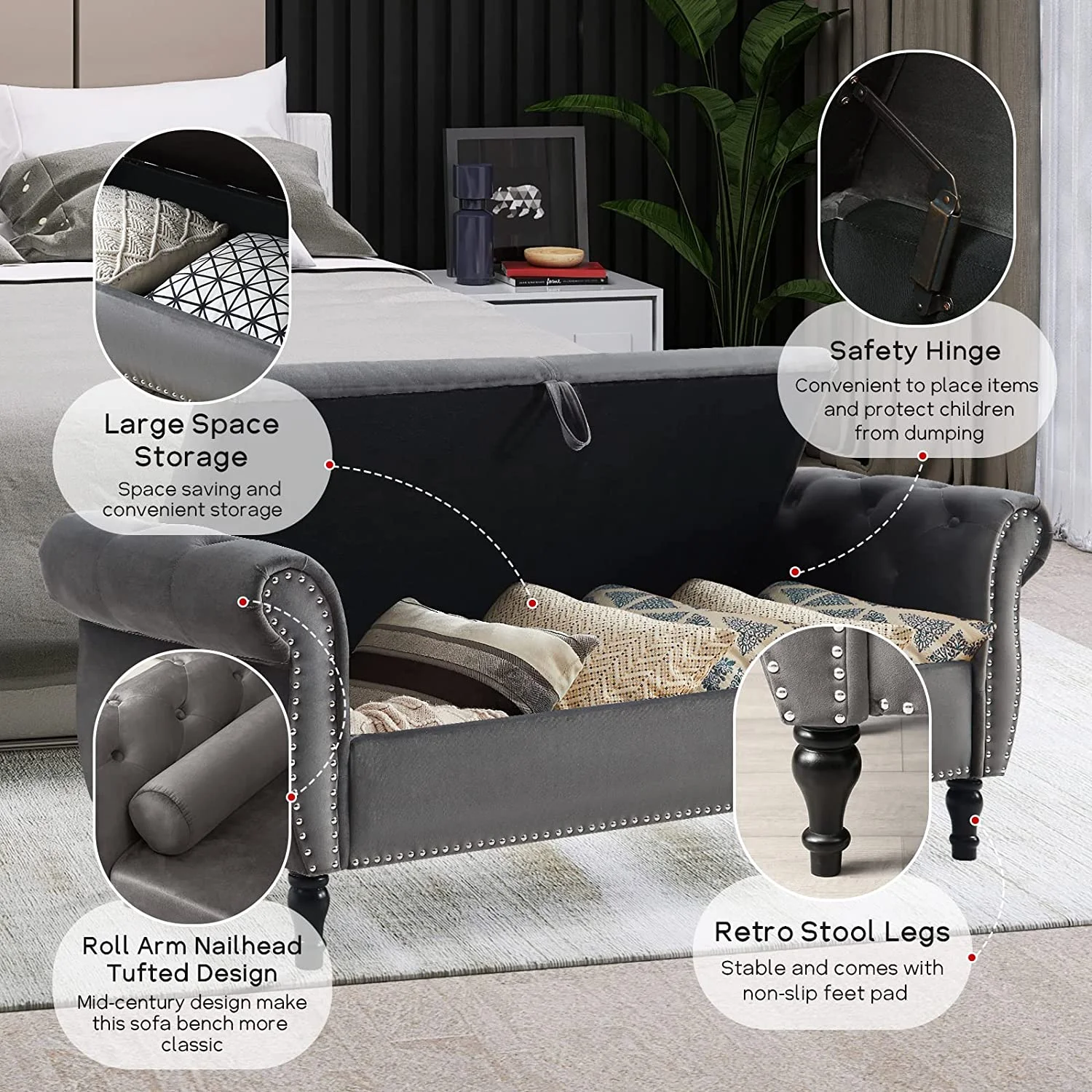 Sumdeal 43.5" Storage Ottoman Bench with 250lb Seating, Linen Upholstered Wood Legs Safety Hinge Flip Top Oval Foot Rest Long Stool for Sofa Couch Bedroom End of Bed Living Room Entryway, White - Image 102