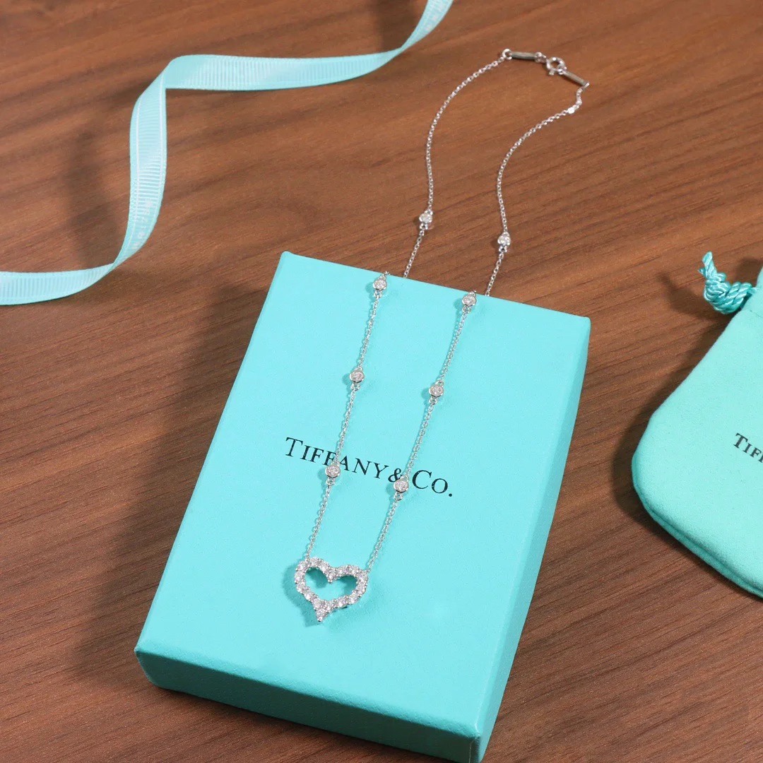 Tiffany Diamond Paved Love Heart Pendant Necklace in White Gold Color - Original Replica Club