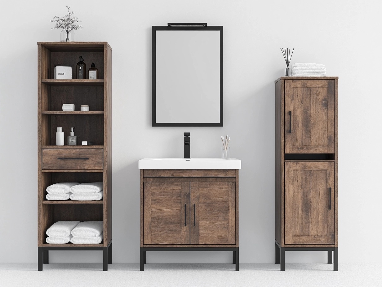 Conjunto de muebles de baño de madera 80x45 cm estilo moderno con armario alto y espejo para almacenamiento y organización marrón oscuro
