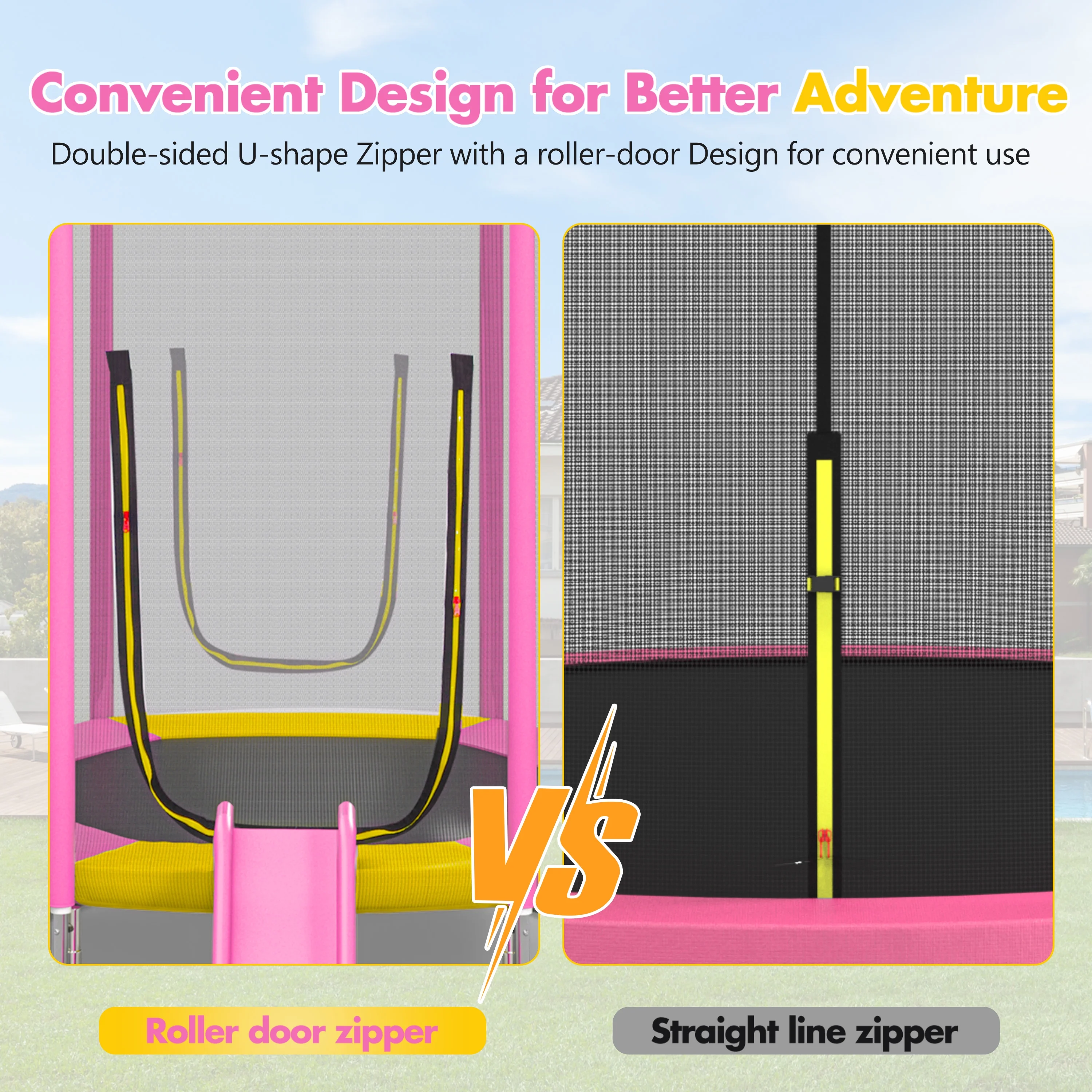 EUROCO 7FT Trampoline with Removable Slide, Kids Indoor Outdoor Trampoline with Enclosure Net and Ladder, Pink - Image 2