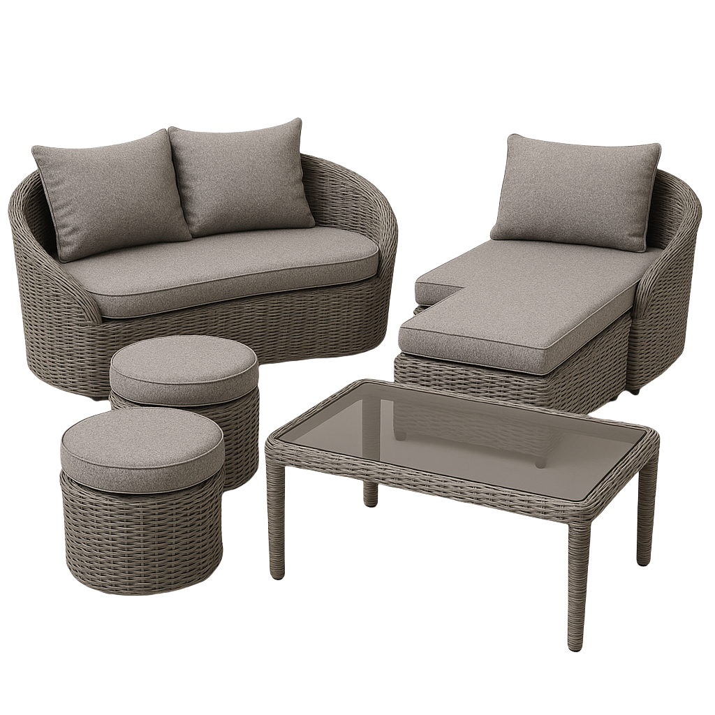 Conjunto jardín sofá mesa gris resina trenzada exterior 6 plazas