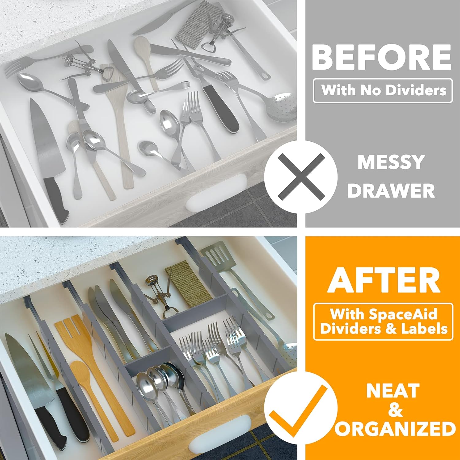 SpaceAid Bamboo Drawer Dividers with Inserts and Labels, Kitchen Adjustable Drawer Organizers, Expandable Organization for Home, Office, Dressers, 4 Dividers with 9 Inserts (17