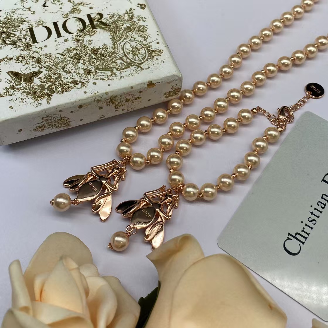 Dior Bee Pendant Rose Gold Pearl Necklace Bracelet - Original Replica Club