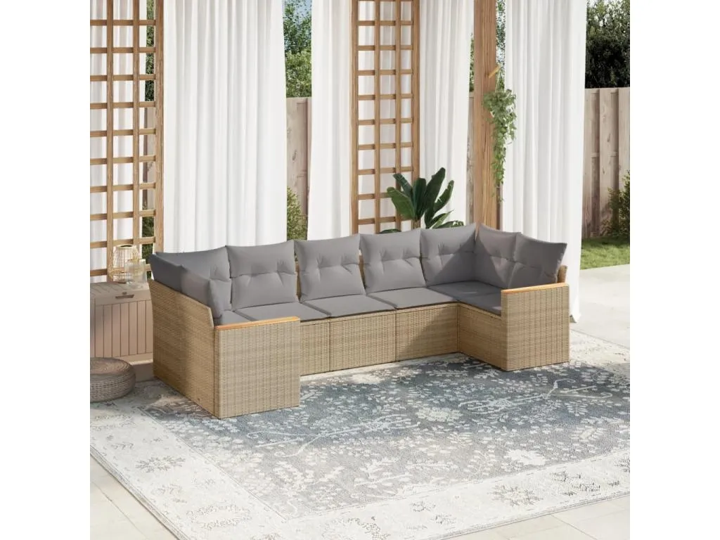 Juego de sofás jardín con cojines beige mezcla 7 pzas ratán PE