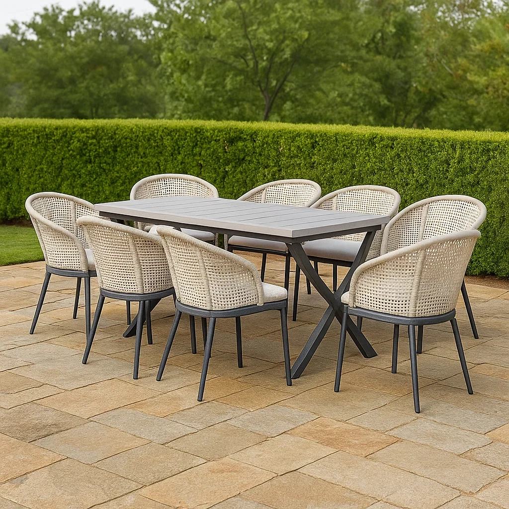 Mesa y sillas de jardín 8 plazas,rattan y metal,blanco,rectangular,resistente a la intemperie,mesa 200x90x85 cm,sillas 50x50x80 cm,doble silla 80x100x50 cm - LXx9T6dO1dWv