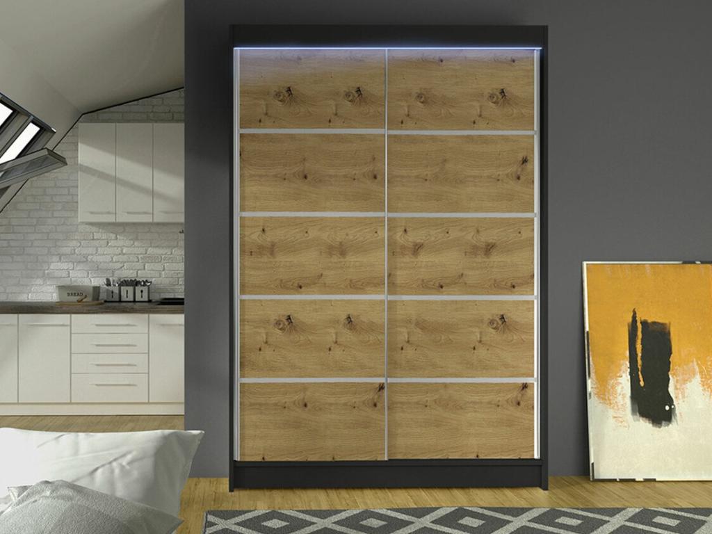 Armario Cozetiq 150 - Negro - Roble Artisan - 200x120x58cm - Puertas de armario Correderas