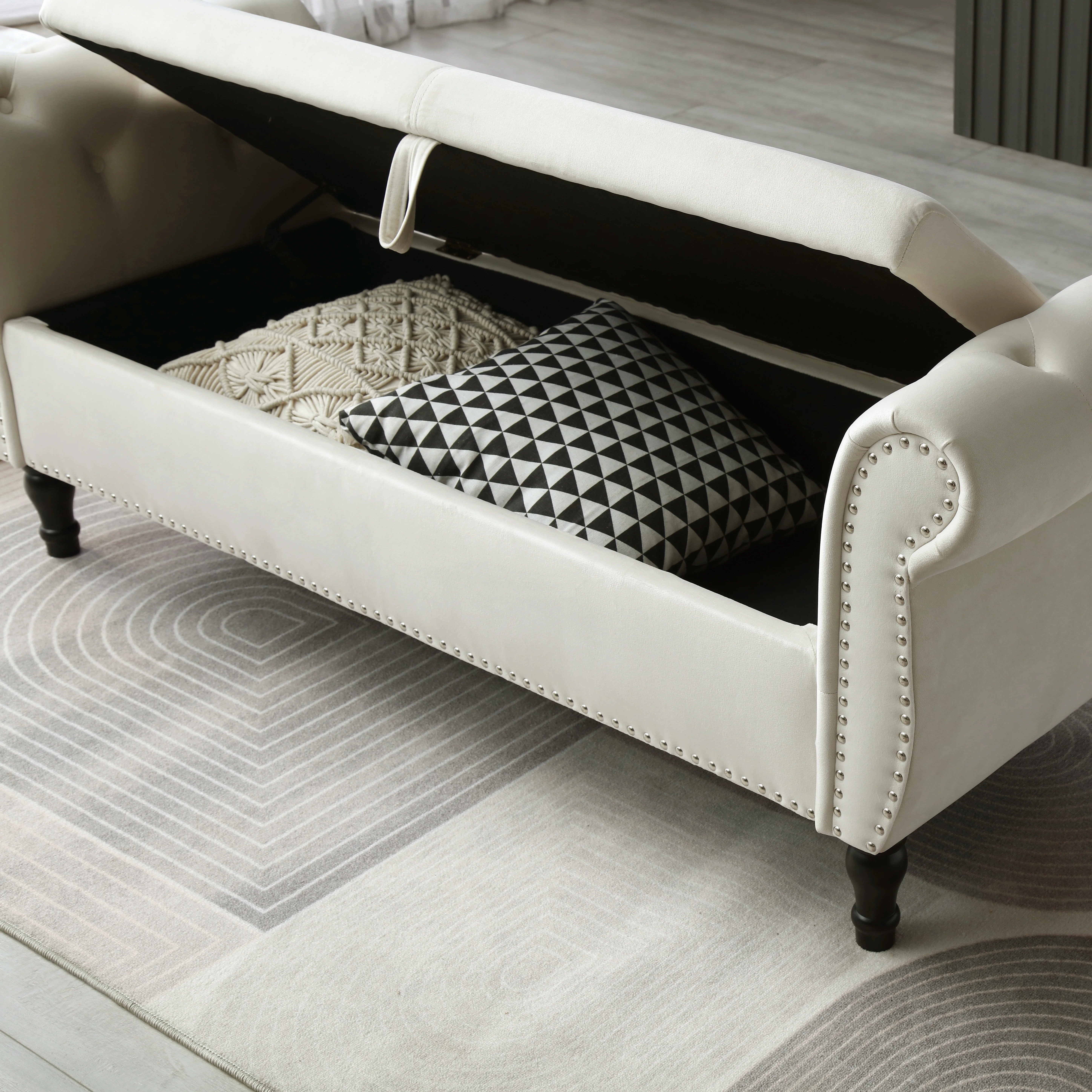 Sumdeal 43.5" Storage Ottoman Bench with 250lb Seating, Linen Upholstered Wood Legs Safety Hinge Flip Top Oval Foot Rest Long Stool for Sofa Couch Bedroom End of Bed Living Room Entryway, White - Image 94