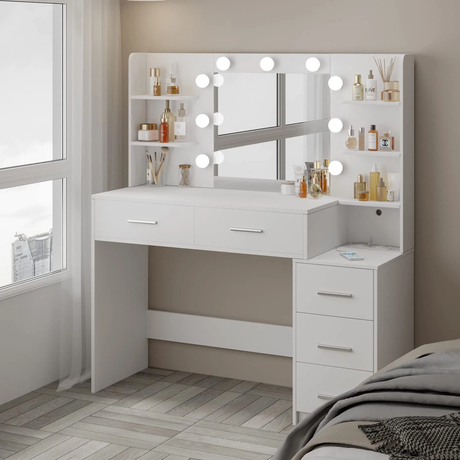 Makeup Vanity with Mirror and Lights,3 Lighting Colors,Bedroom Vanity Table with Charging Station,White Make Up Desk with 5 Drawers Storage and Open Shelves - Image 3
