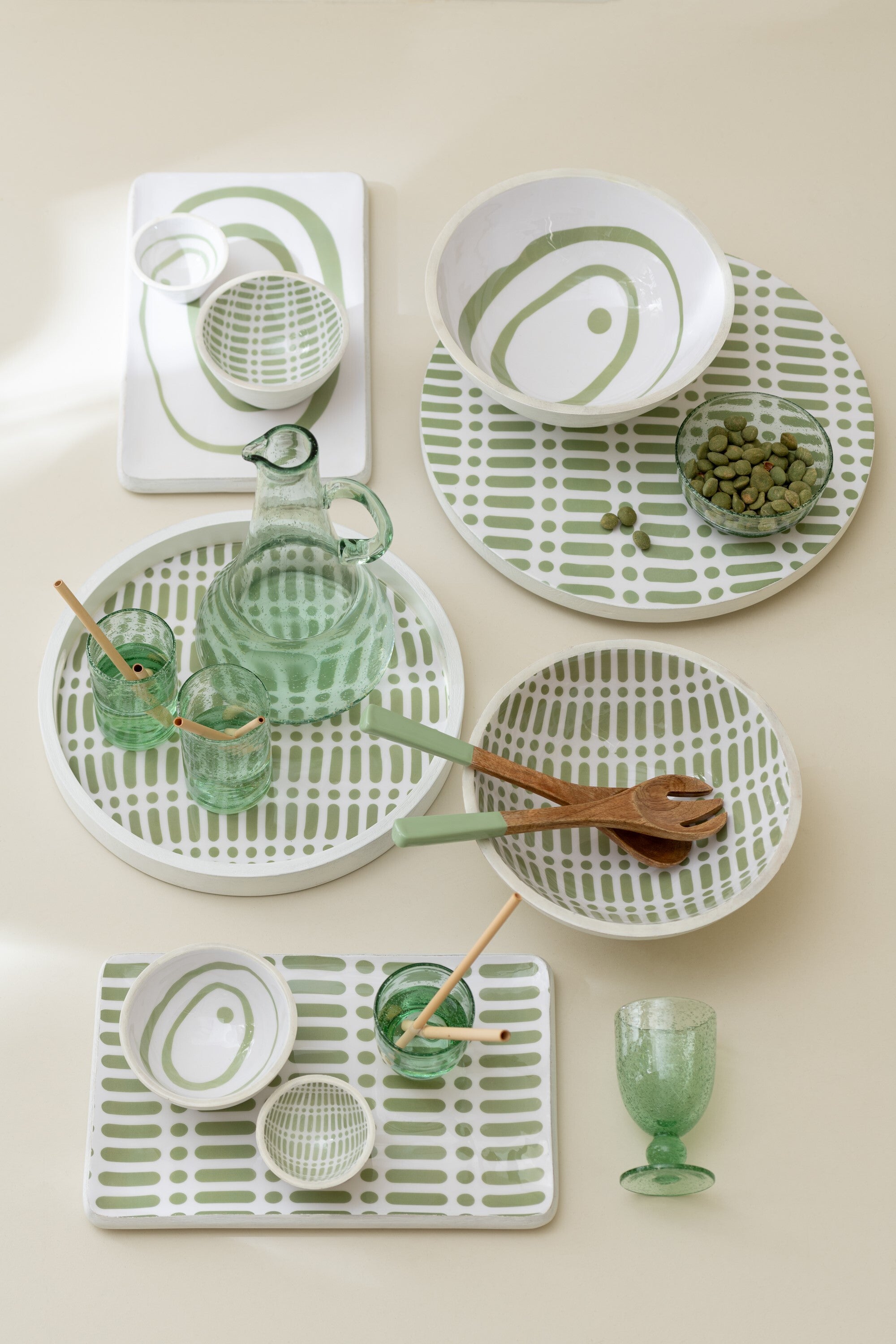 J-Line kom - hout - groen wit - small - 2 stuks