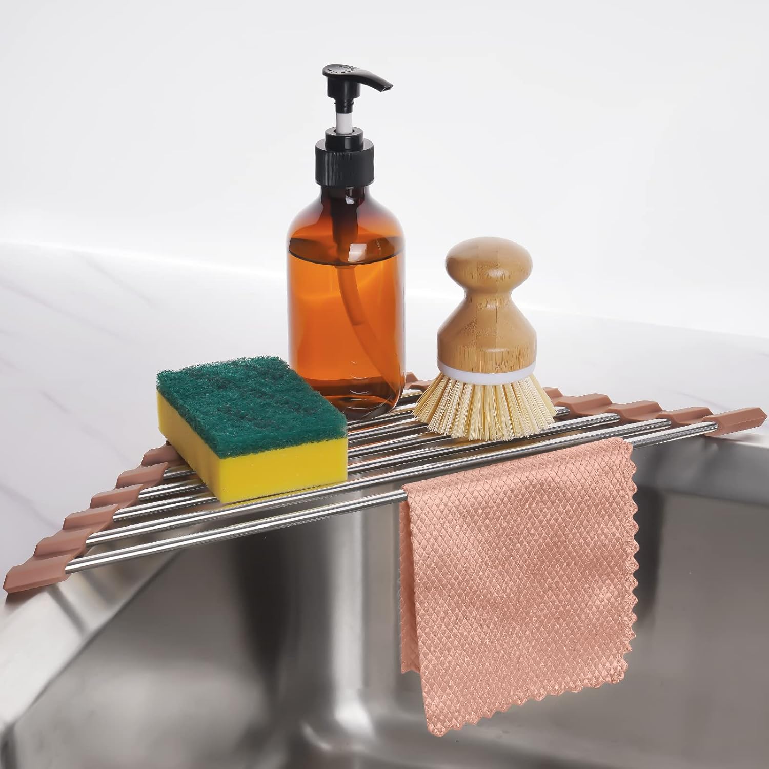 Tomorotec Marble Triangle Roll-Up Dish Drying Rack for Sink Corner - Small, Foldable, Stainless Steel, Multipurpose Kitchen Drainer Caddy, Trivet, Rustproof Organizer, Storage Shelf