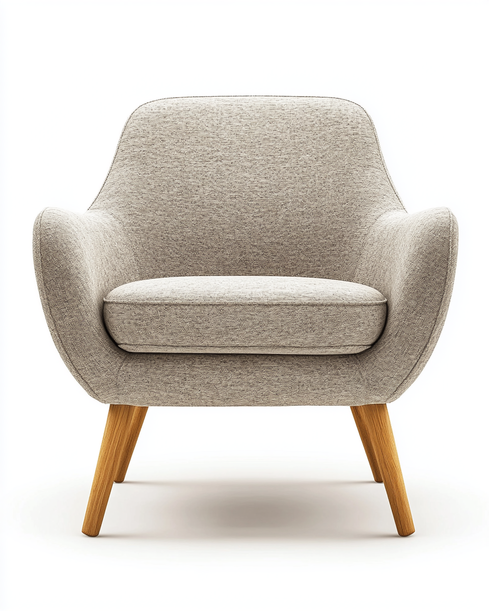 Sillón tapizado en tela beige claro con patas de madera natural