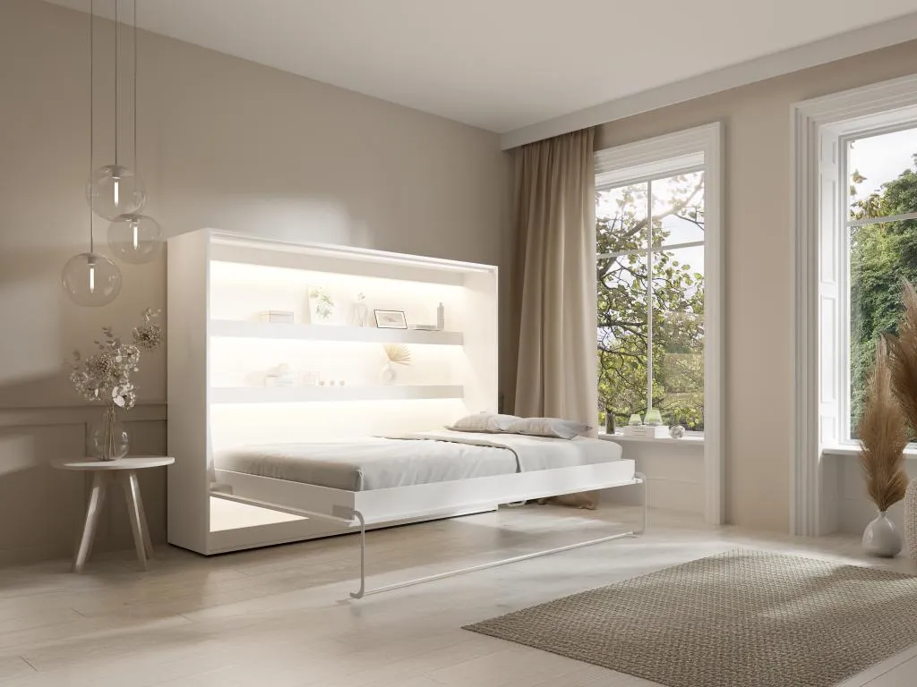 Cama abatible 140 x 200 cm - apertura horizontal manual - con leds - blanco + colchón - Cosinor jcn3252709