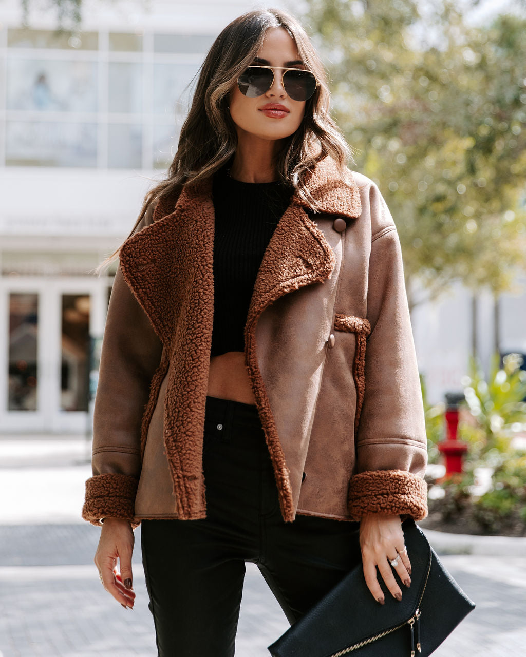 Karen Pocketed Faux Suede Sherpa Trim Jacket - Chocolate - Se7enfashion