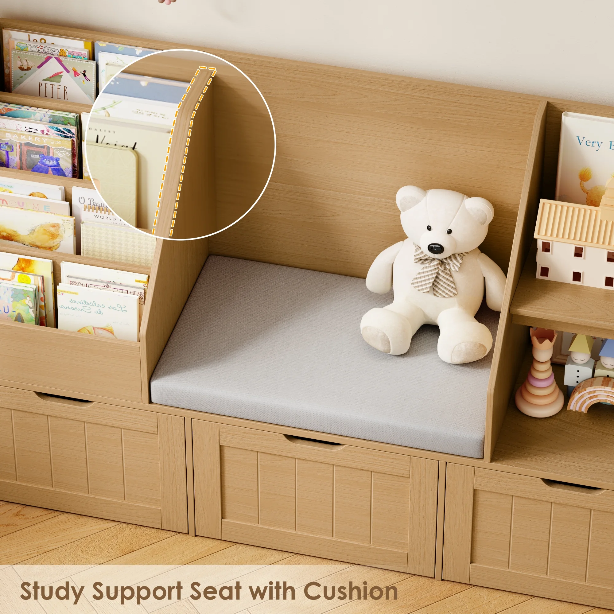 Homfa Kids Bookshelf with Reading Nook & 3 Movable Drawers, 2 Cube Bookcase with 4-Tier Book Racks, Toy Storage Organizer for Playroom Bedroom, White - Image 16