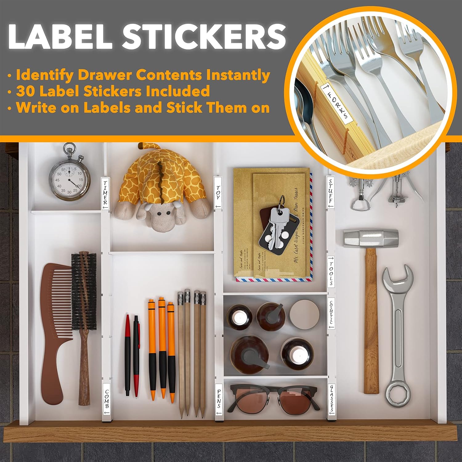 SpaceAid Bamboo Drawer Dividers with Inserts and Labels, Kitchen Adjustable Drawer Organizers, Expandable Organization for Home, Office, Dressers, 4 Dividers with 9 Inserts (17