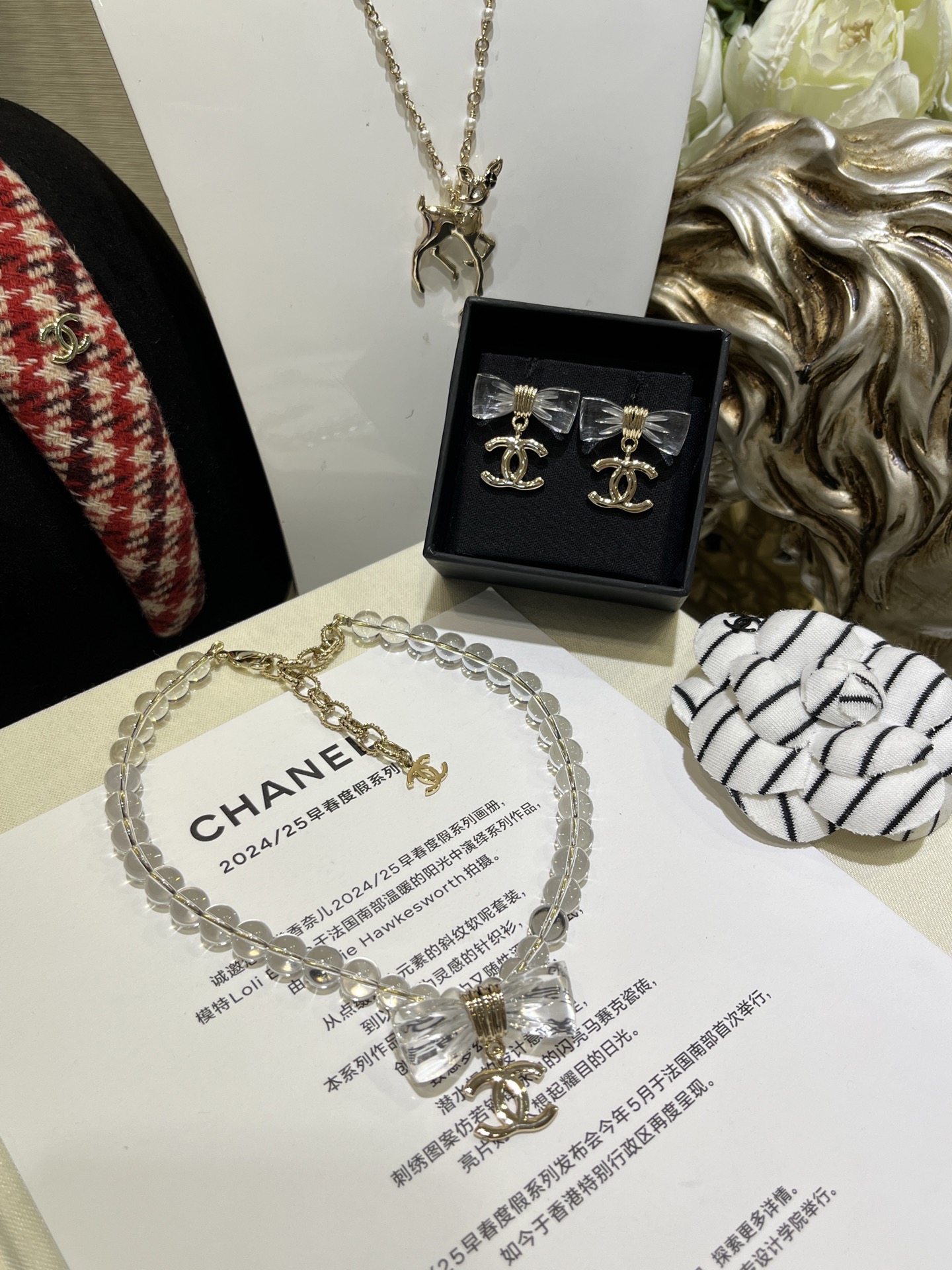 Chanel Transparent Beads Bow Knot CC Pendant Necklace - Original Replica Club