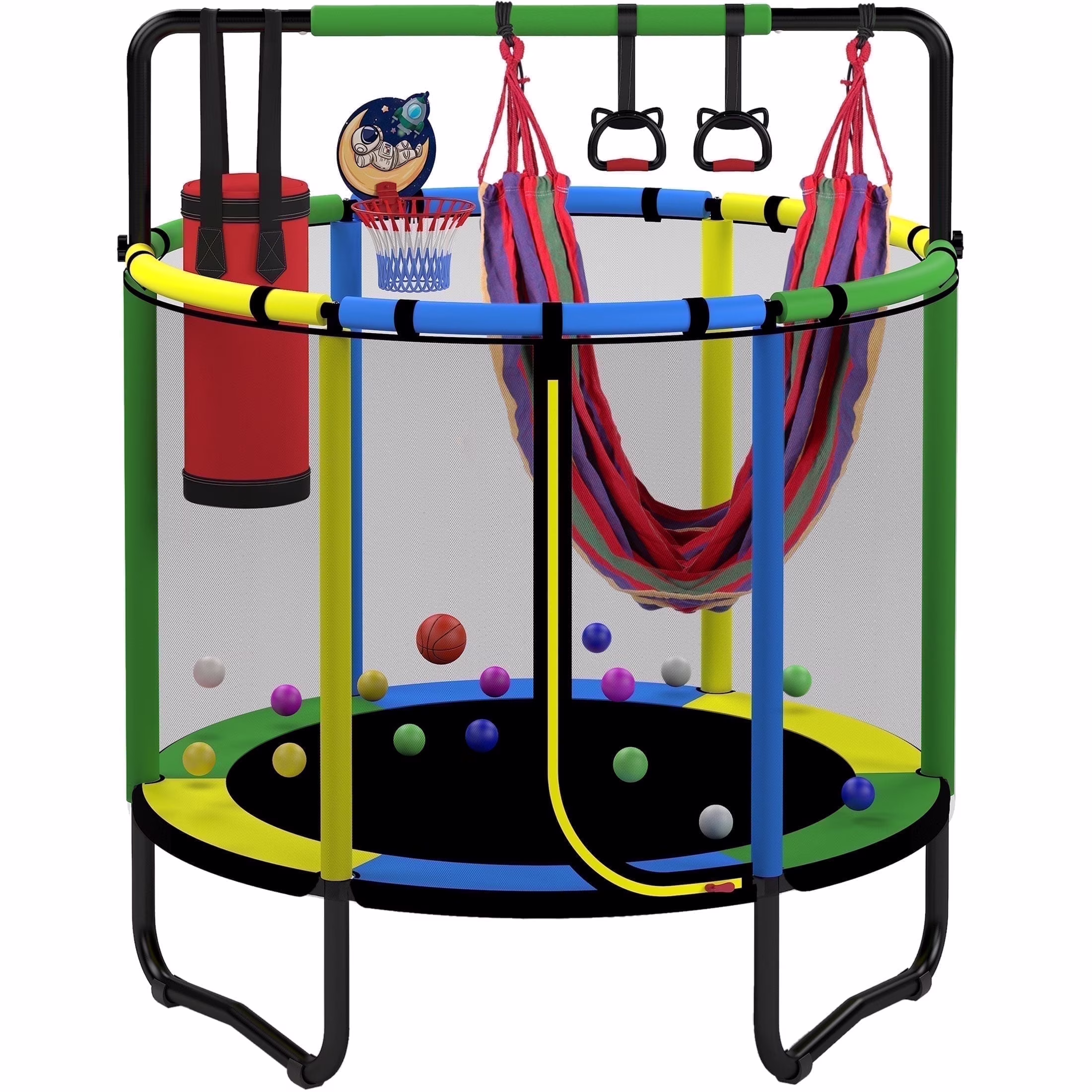 Mini Round Trampoline for Kids with Basketball Hoop, SEGMART 55'' Indoor Outdoor Toddler Trampoline with Enclosure Net, Swing, Sandbag, Ring, Ocean Balls, Small Trampoline Gift for Boys Girls, Blue - Image 5