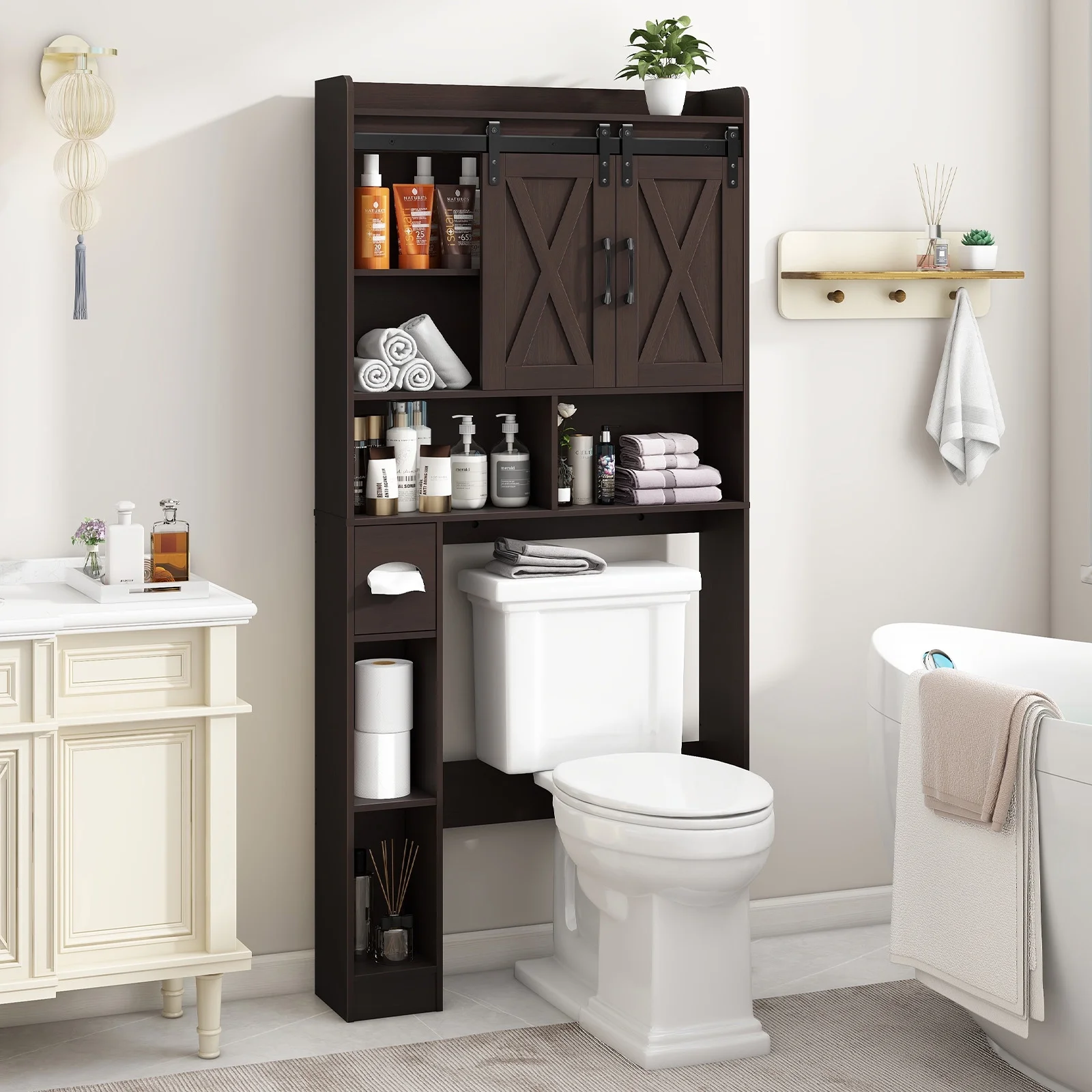 Over The Toilet Storage Cabinet, Farmhouse Storage Cabinet Over Toilet with Sliding Doors-Home Space-Saving Toilet Rack, for Bathroom, Restroom, Laundry - Image 18