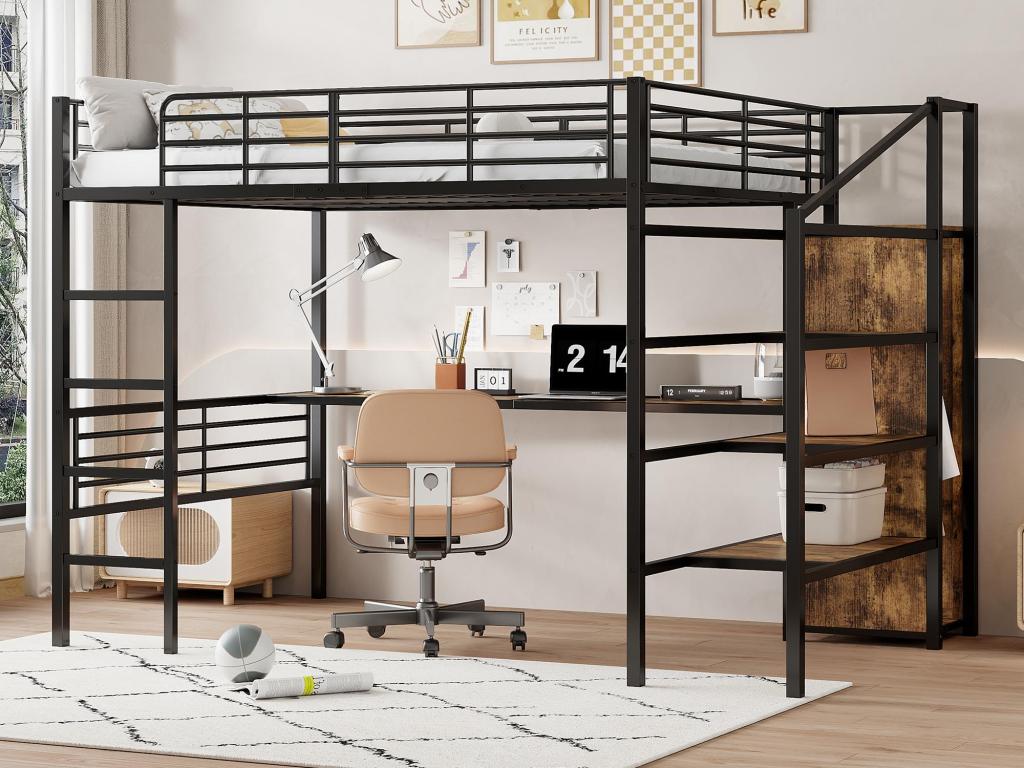 Cama entrepiso de metal 140x200 cm - con escritorio, armario y escalera de almacenamiento - Negro