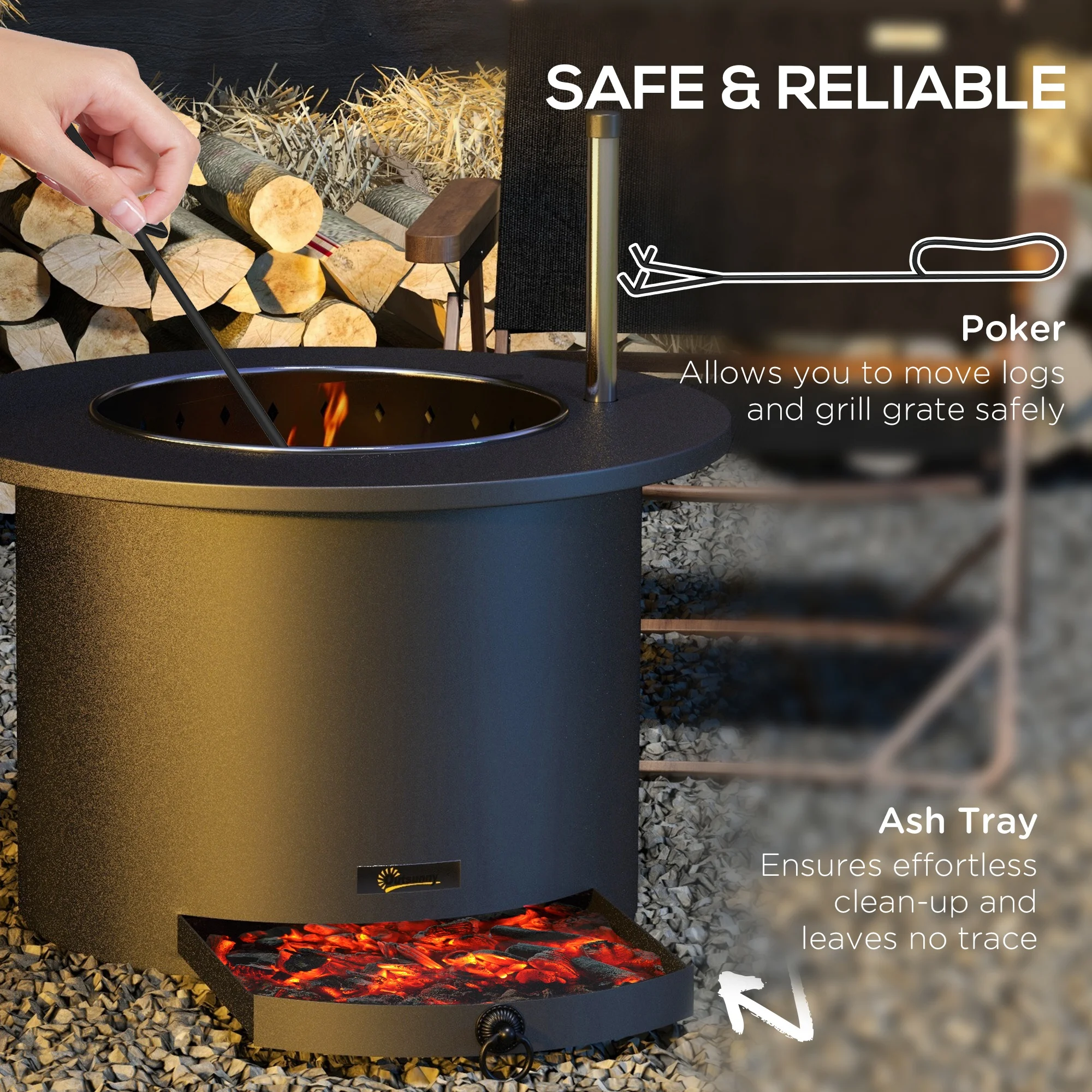 Outsunny 25" Smokeless Fire Pit, 2-in-1 Stainless Steel Firepit with Grill, Portable Wood Burning Fireplace with Poker and Ash Tray, Black - Image 5
