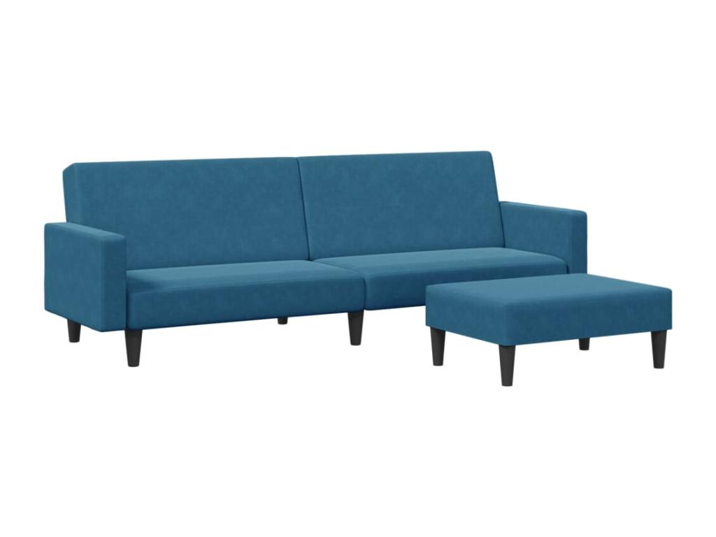 Sofá cama de 2 plazas con taburete terciopelo azul
